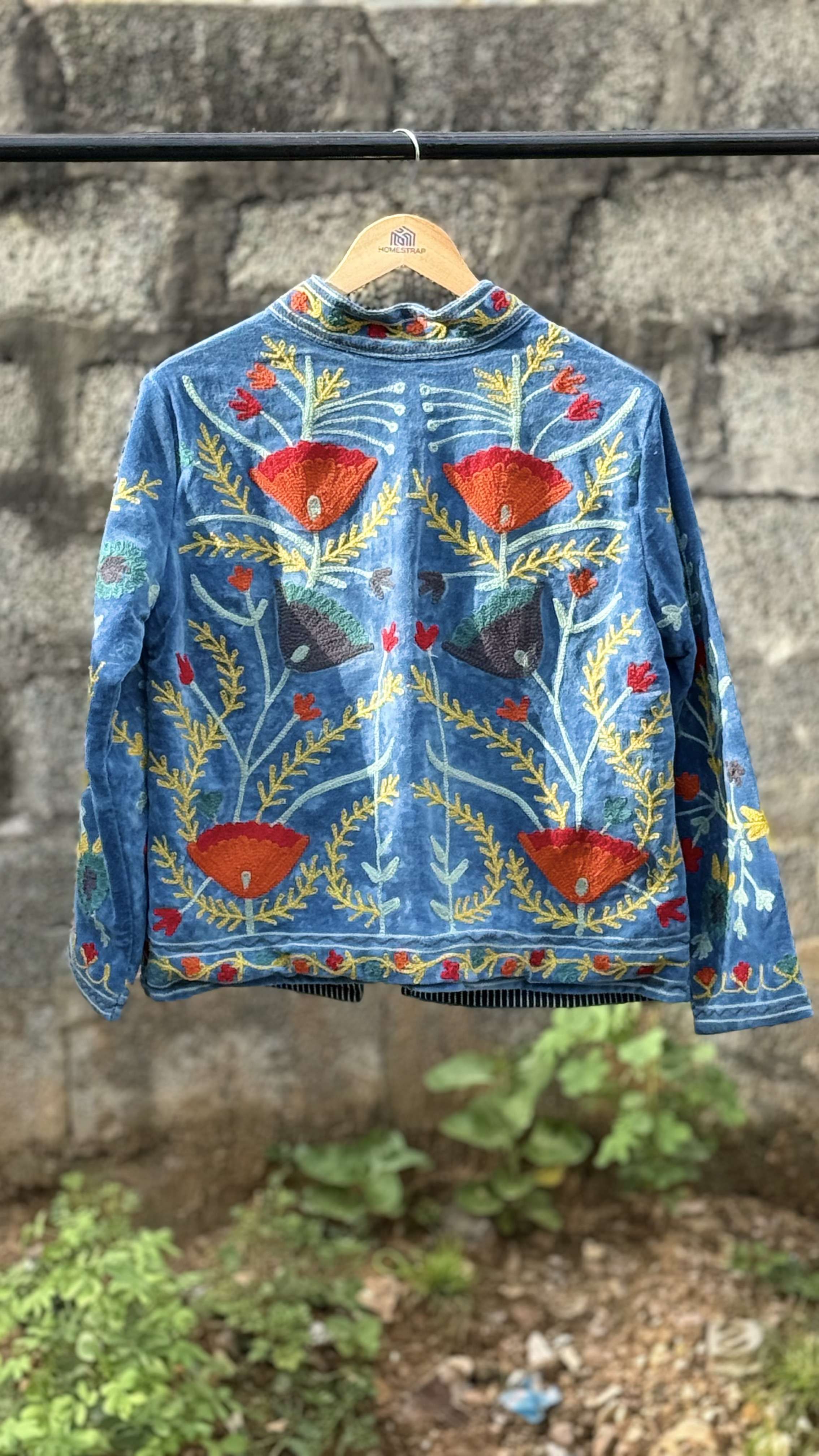 Womens Light Sky Blue Velvet Embroidered Jacket with Floral Design