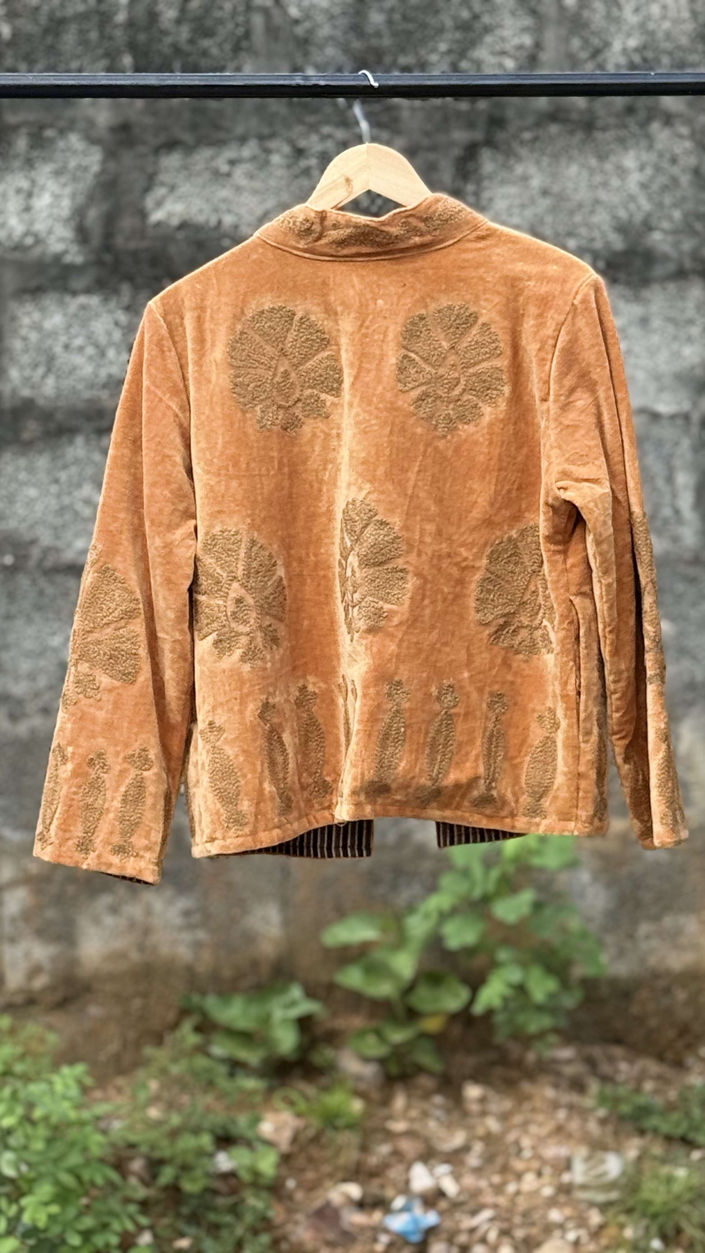 Womens Gold Velvet Embroidered Jacket with Floral Design