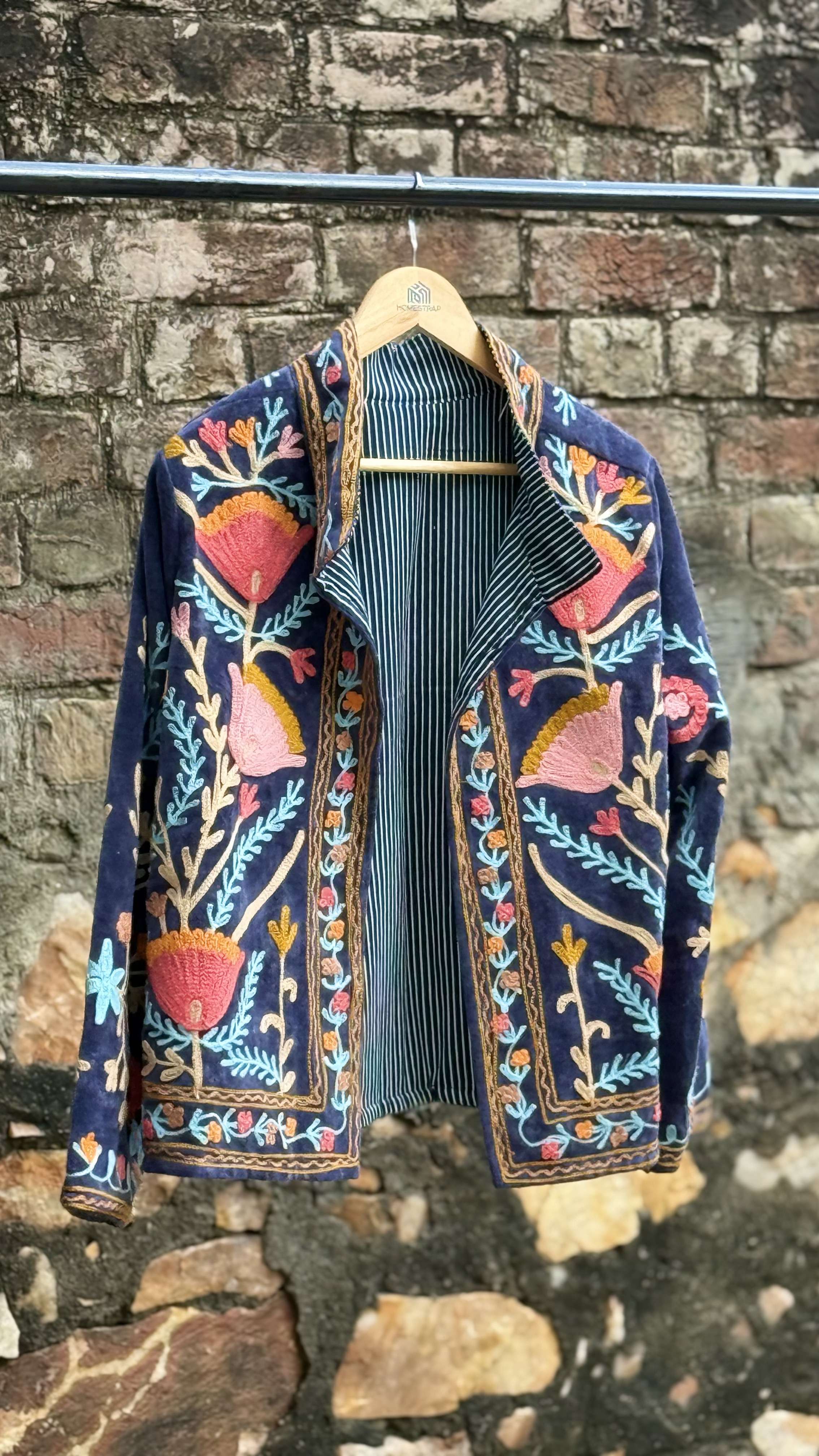 Womens Navy Blue Velvet Embroidered Jacket with Floral Design