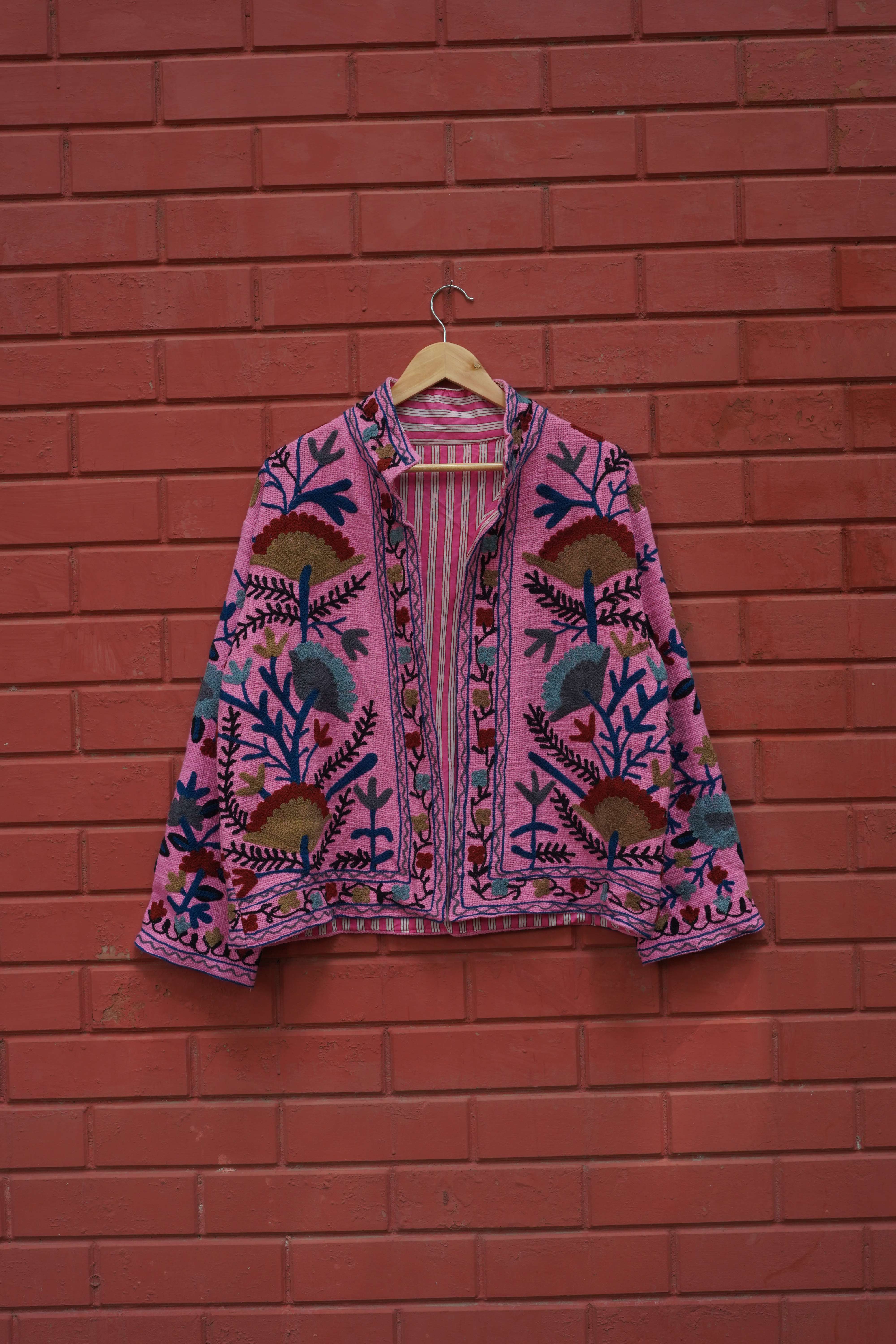 Womens Pink Velvet Embroidered Jacket with Floral Design