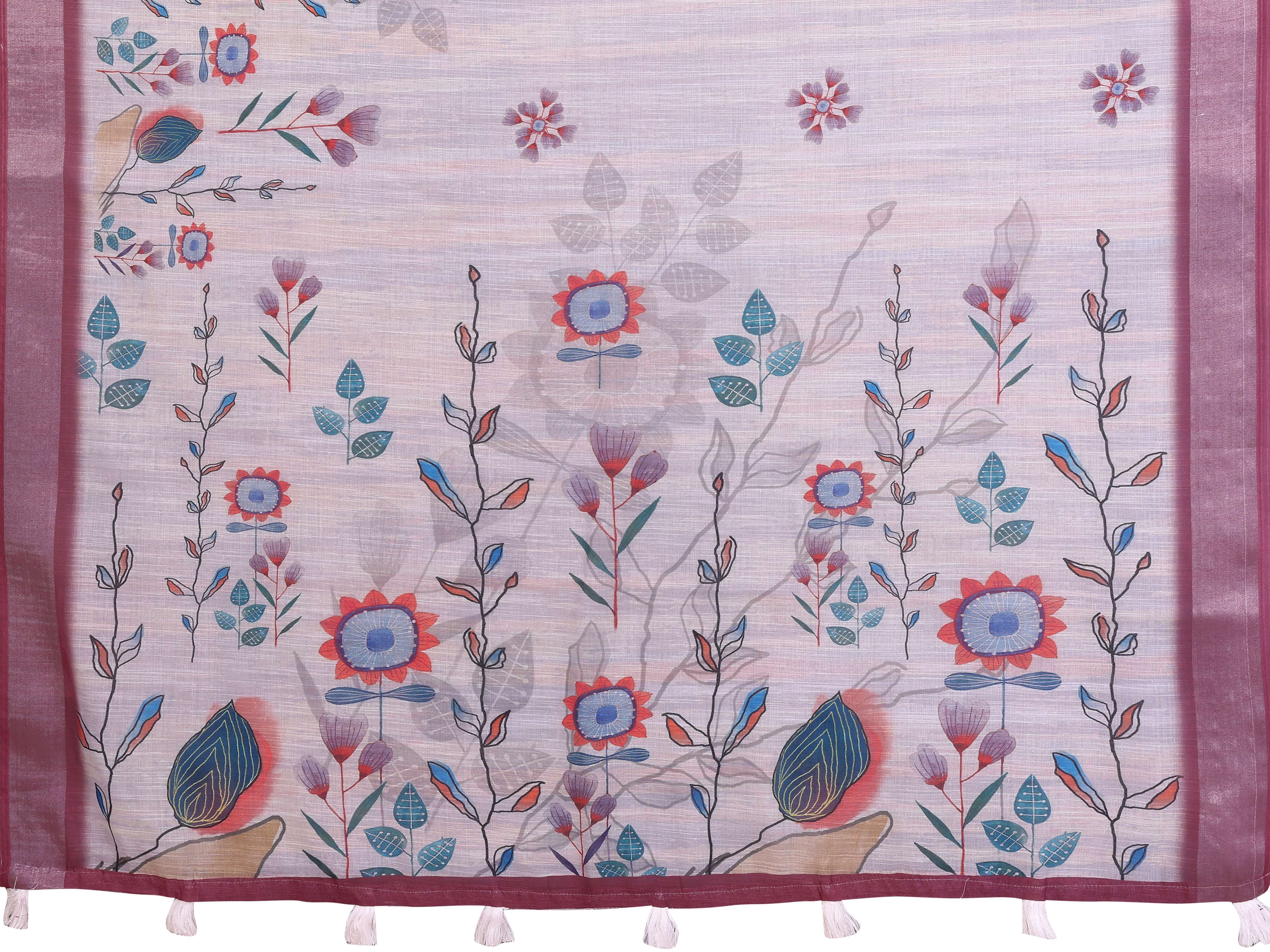 Elegant Linen Cotton Saree – Pastel Lavender with Multicolor Floral Motifs & Wine-Purple Border
