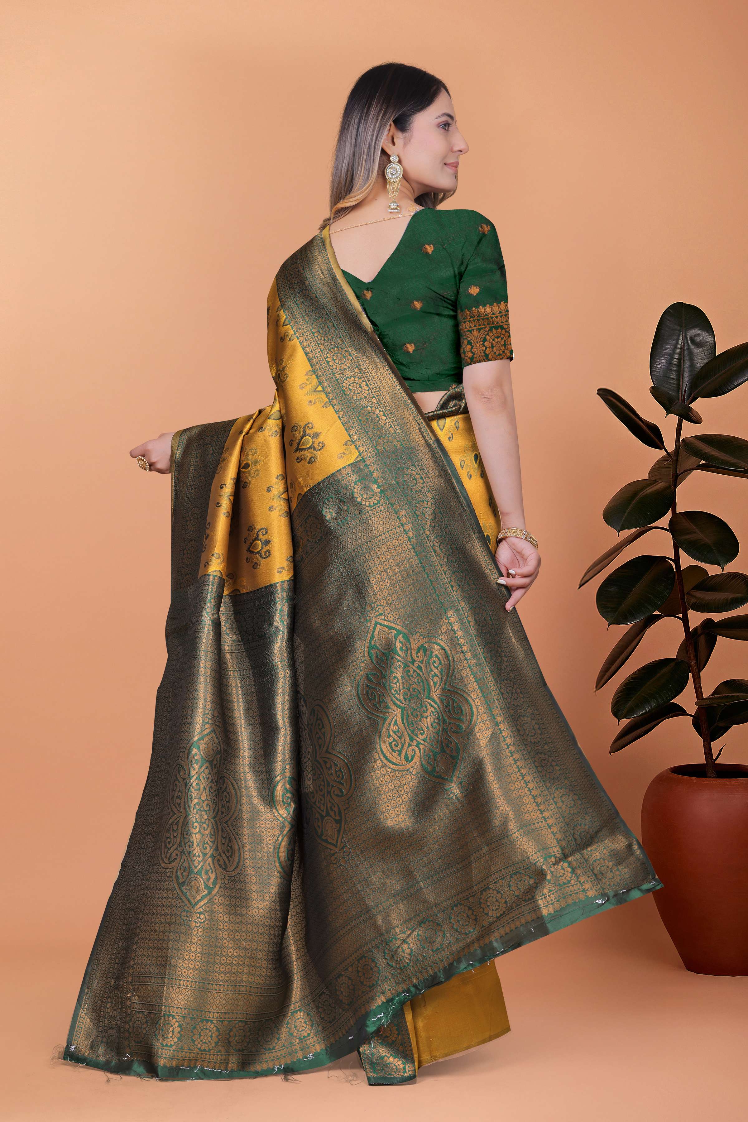 Regal Glow Mustard Yellow & Emerald Green Banarasi Silk Saree with Zari Work | Wedding, Festive & Temple Occasion Wear