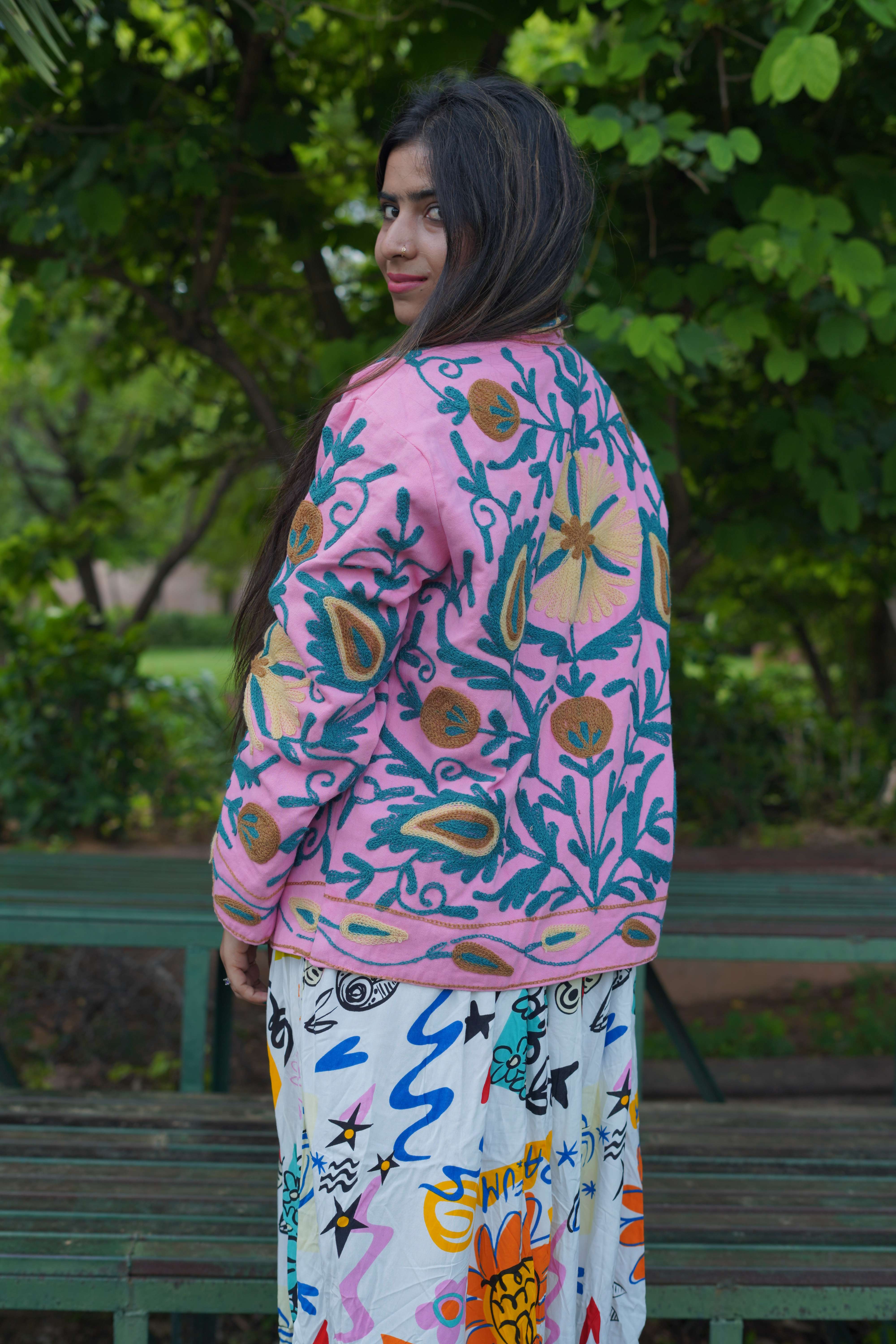 Womens Pink Velvet Embroidered Jacket with Floral Design