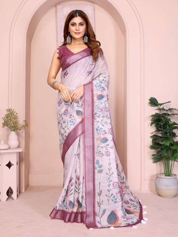 Elegant Linen Cotton Saree – Pastel Lavender with Multicolor Floral Motifs & Wine-Purple Border