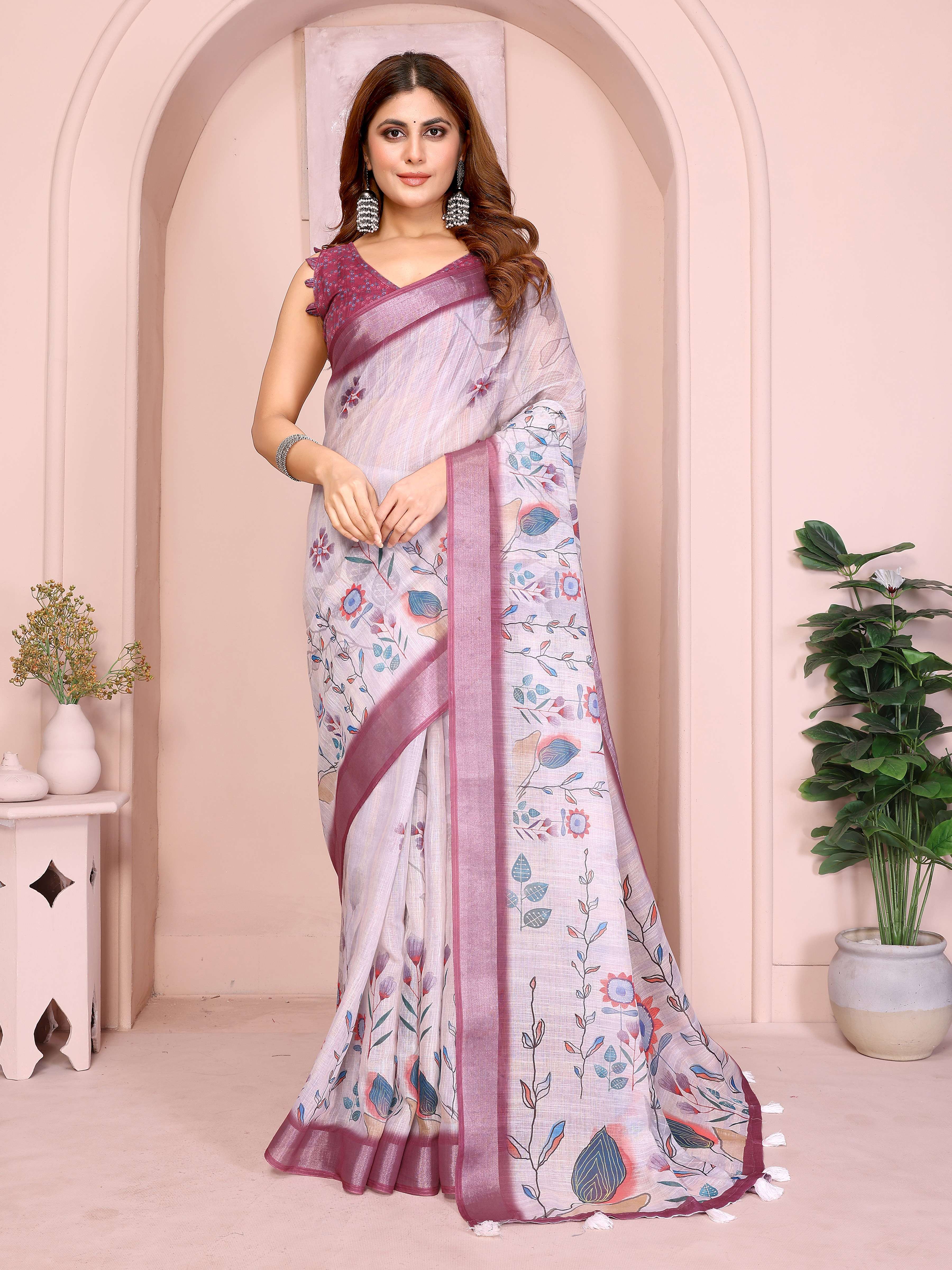 Elegant Linen Cotton Saree – Pastel Lavender with Multicolor Floral Motifs & Wine-Purple Border