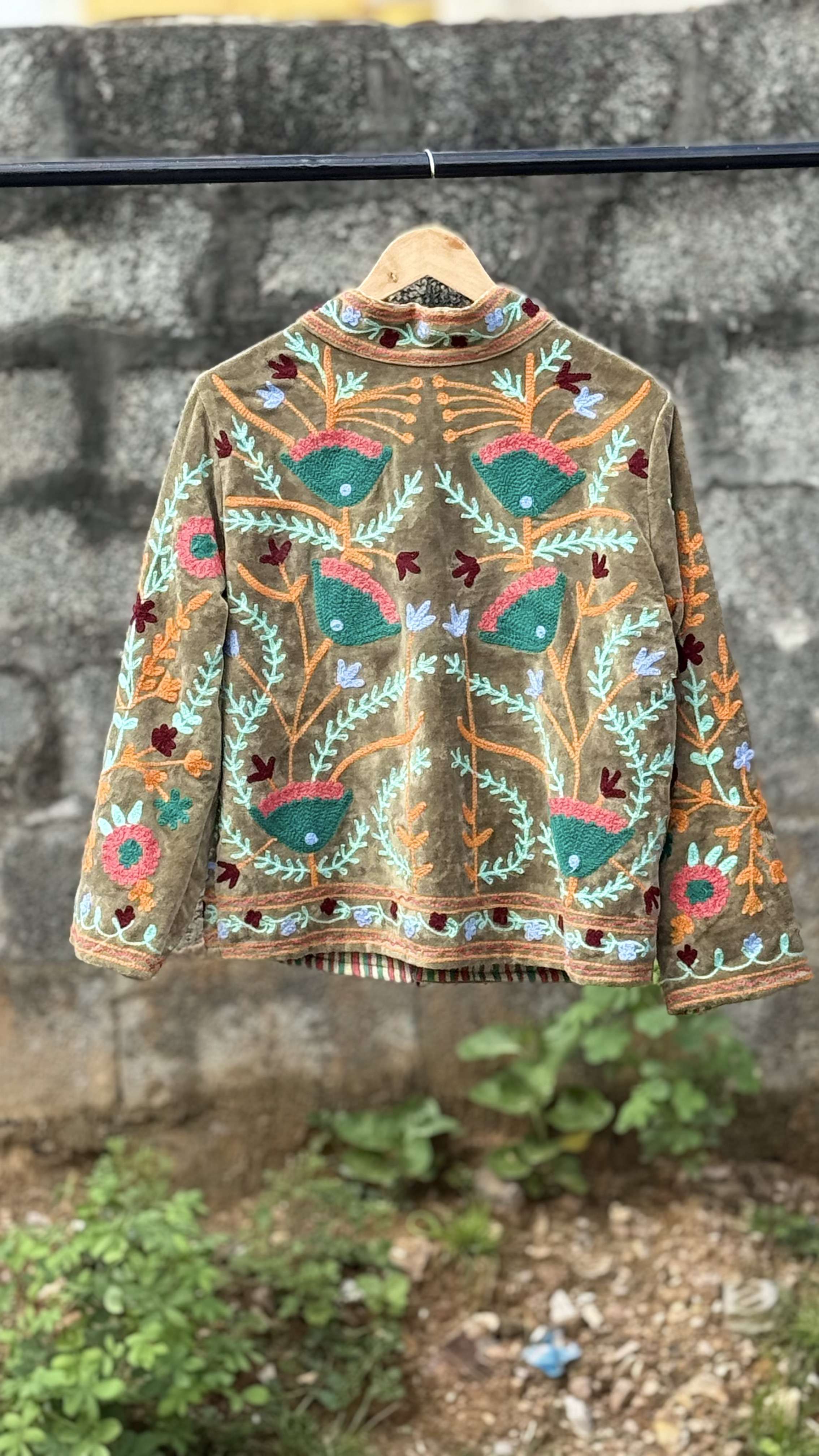 Womens Olive Green Velvet Embroidered Jacket with Floral Design