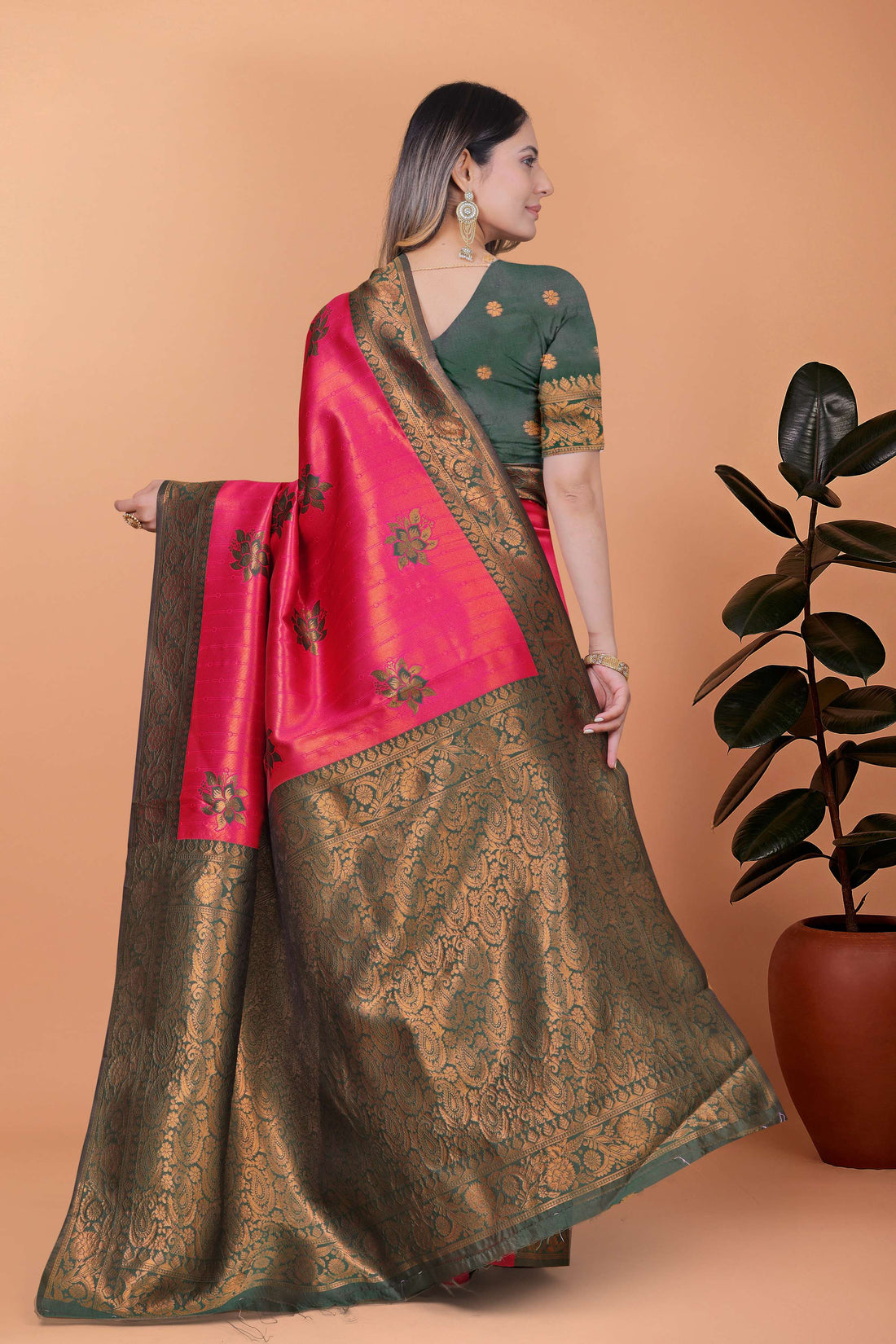 Rose Ruby Banarasi Silk Saree with Antique Green Zari Work & Blouse | Wedding, Festive, Engagement & Party Wear