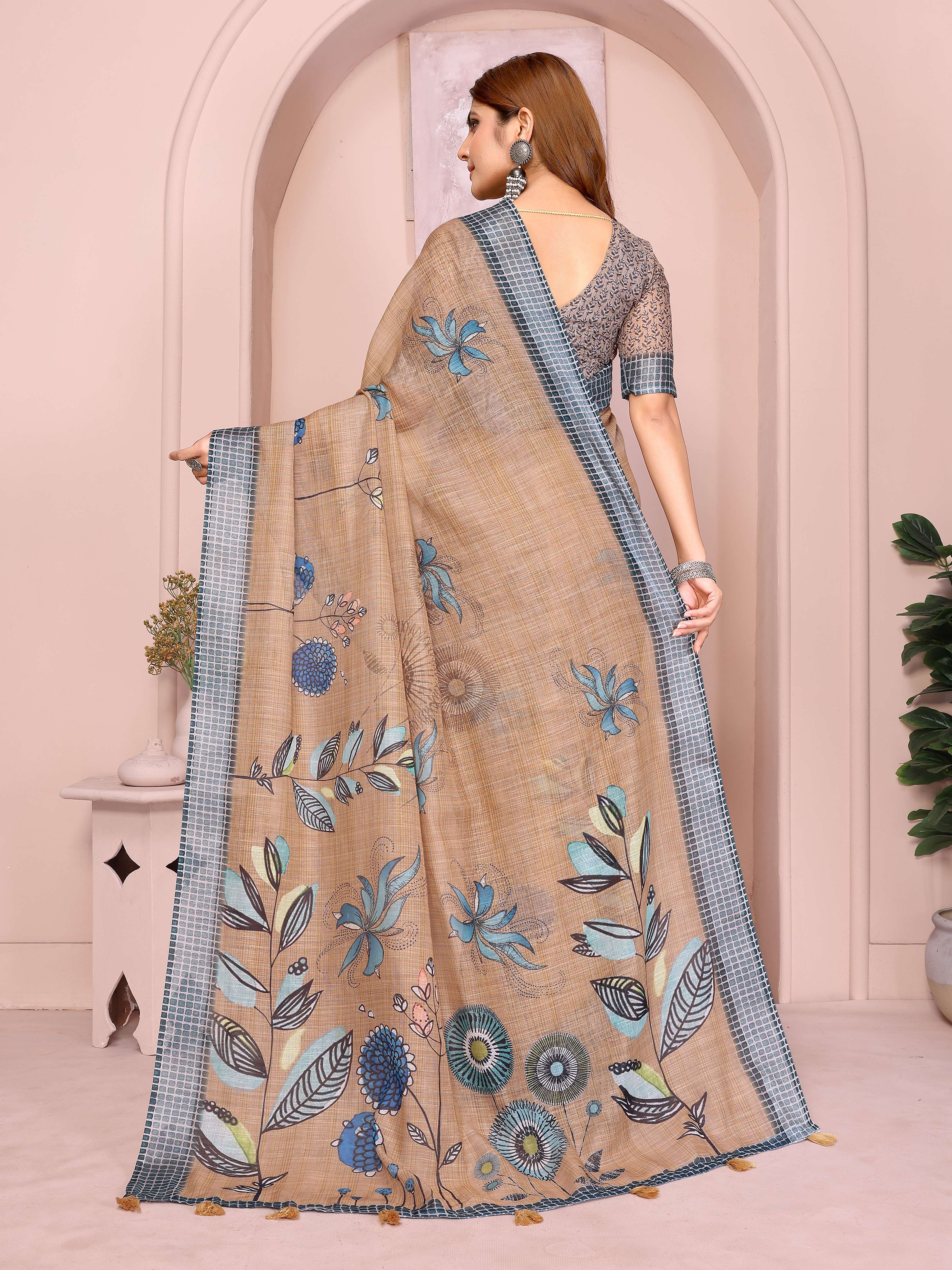 Elegant Linen Cotton Saree – Beige Base with Blue Floral Accents & Checkered Border
