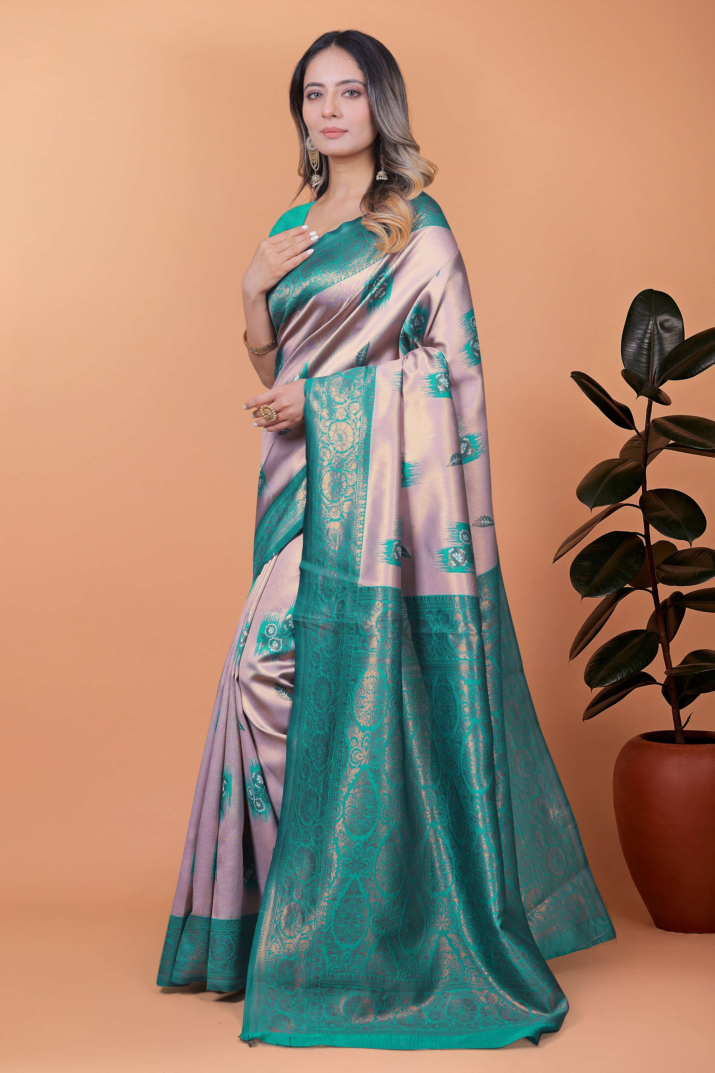 Light Lavender & Teal Green Banarasi Silk Saree with Antique Gold Zari | Wedding, Festival & Traditional Ethnic Wear