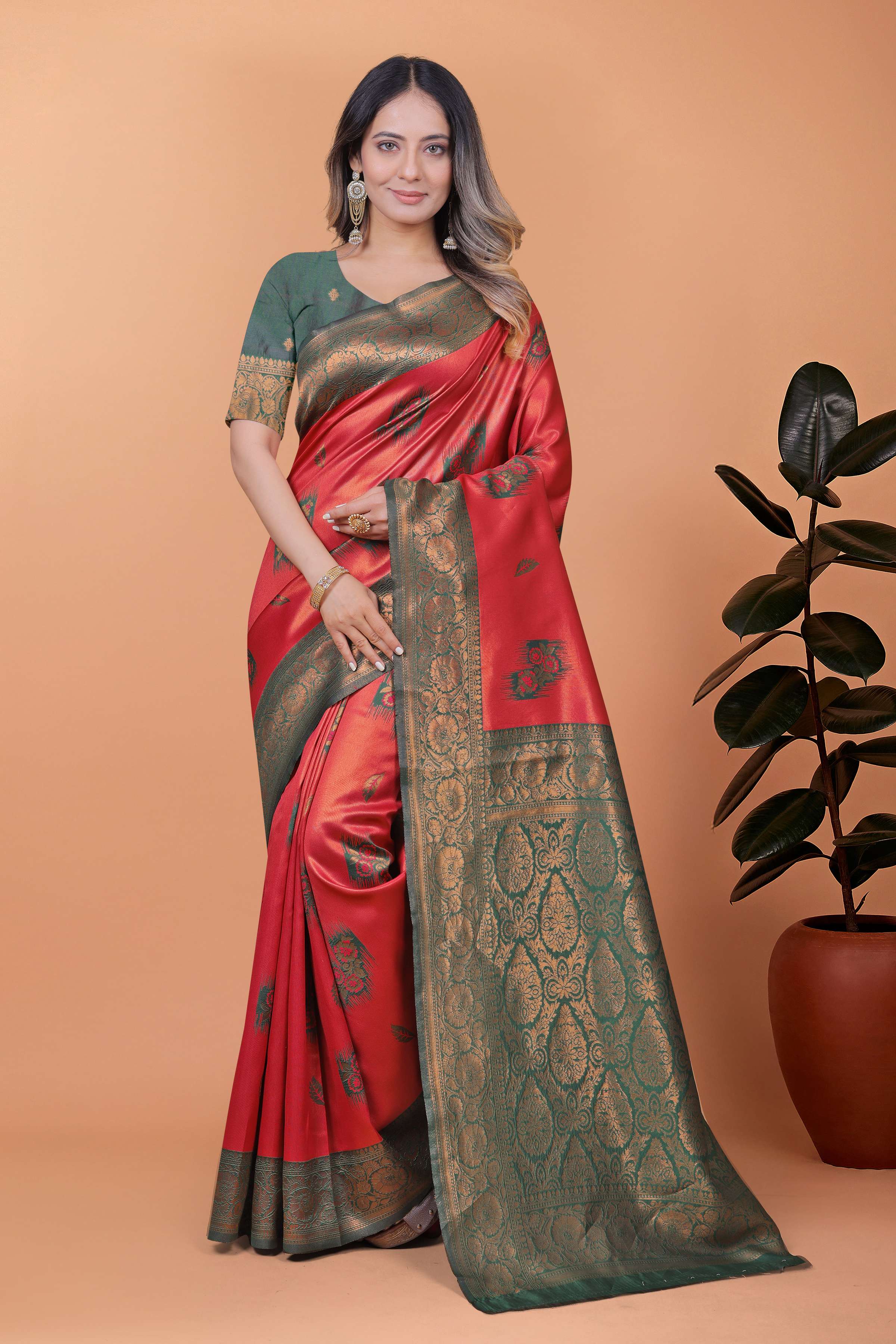 Red & Bottle Green Banarasi Silk Saree with Antique Gold Zari | Traditional Wedding & Festive Saree with Rich Pallu