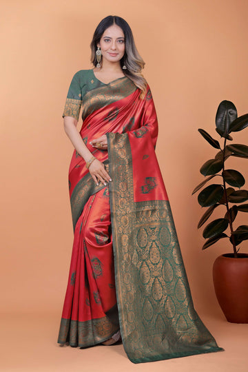 Red & Bottle Green Banarasi Silk Saree with Antique Gold Zari | Traditional Wedding & Festive Saree with Rich Pallu