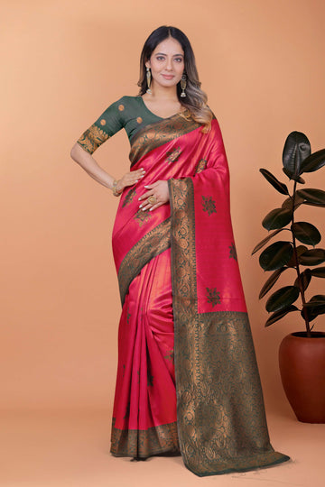 Rose Ruby Banarasi Silk Saree with Antique Green Zari Work & Blouse | Wedding, Festive, Engagement & Party Wear