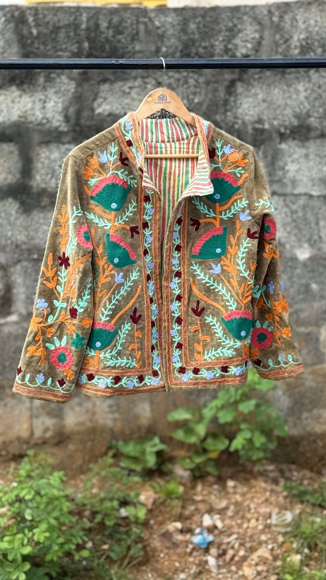 Womens Olive Green Velvet Embroidered Jacket with Floral Design