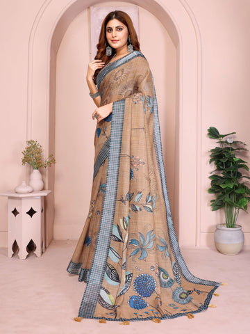 Elegant Linen Cotton Saree – Beige Base with Blue Floral Accents & Checkered Border