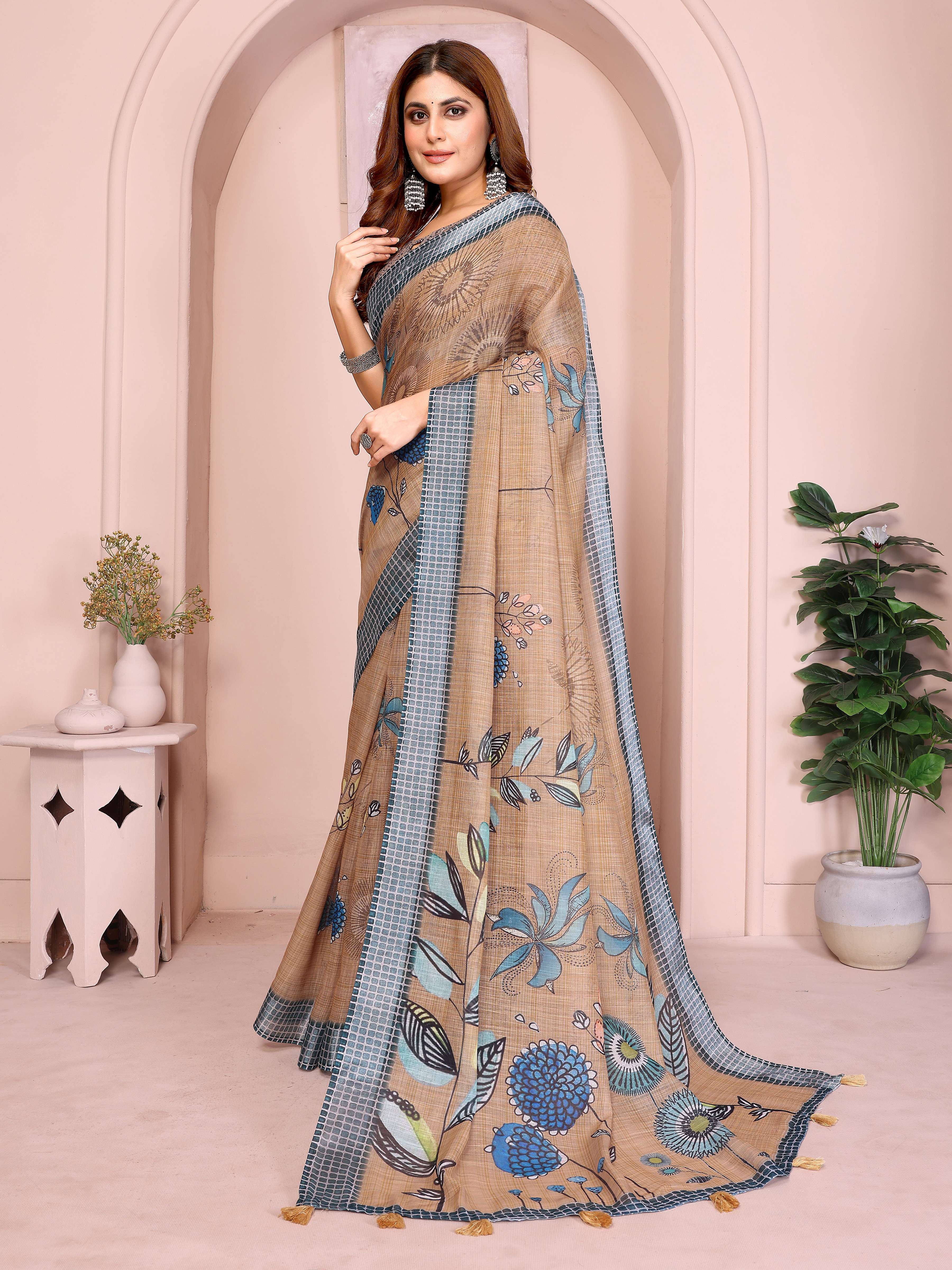 Elegant Linen Cotton Saree – Beige Base with Blue Floral Accents & Checkered Border
