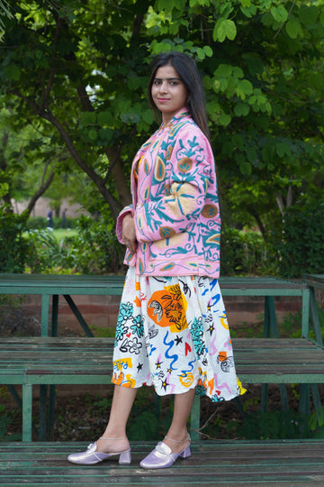 Womens Pink Velvet Embroidered Jacket with Floral Design