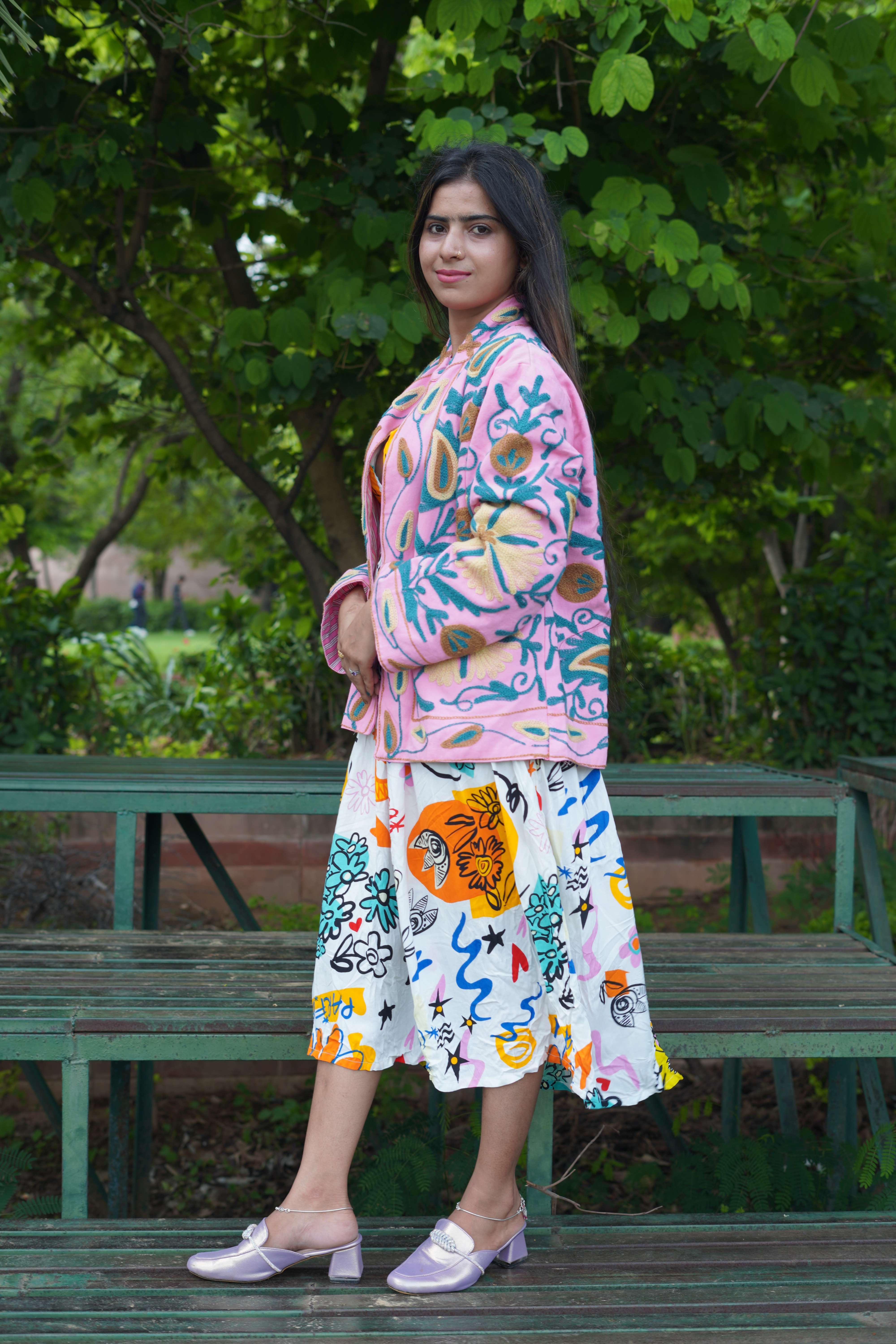 Womens Pink Velvet Embroidered Jacket with Floral Design