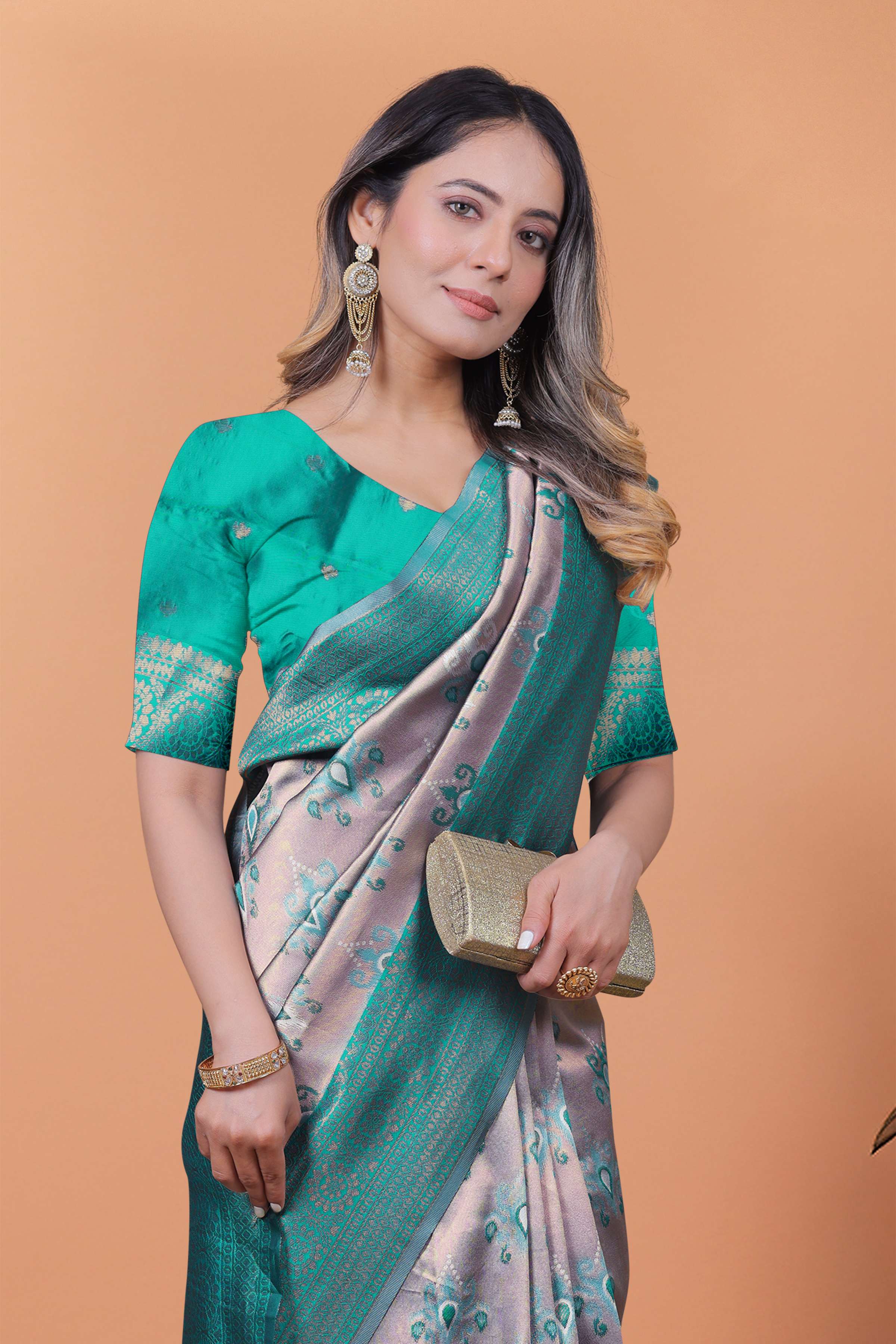 Mint Royale Banarasi Silk Saree in Silvery Grey & Mint Green with Floral Zari Work | Wedding, Day Functions & Festive Wear