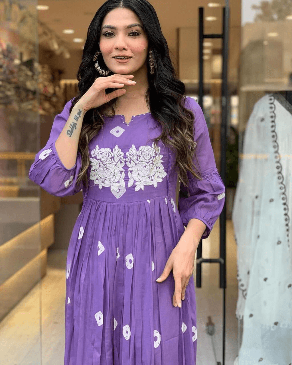 Bandhani Printed Thread Work Puffed Sleeves A-Line Kurta With Trousers