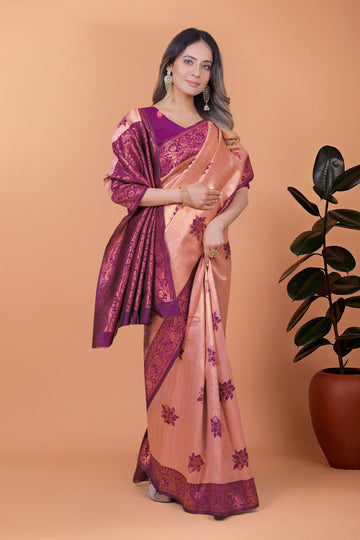 Rosewood Elegance Banarasi Silk Saree with Plum Zari Work & Blouse | Engagement, Festival, Sangeet & Traditional Wear