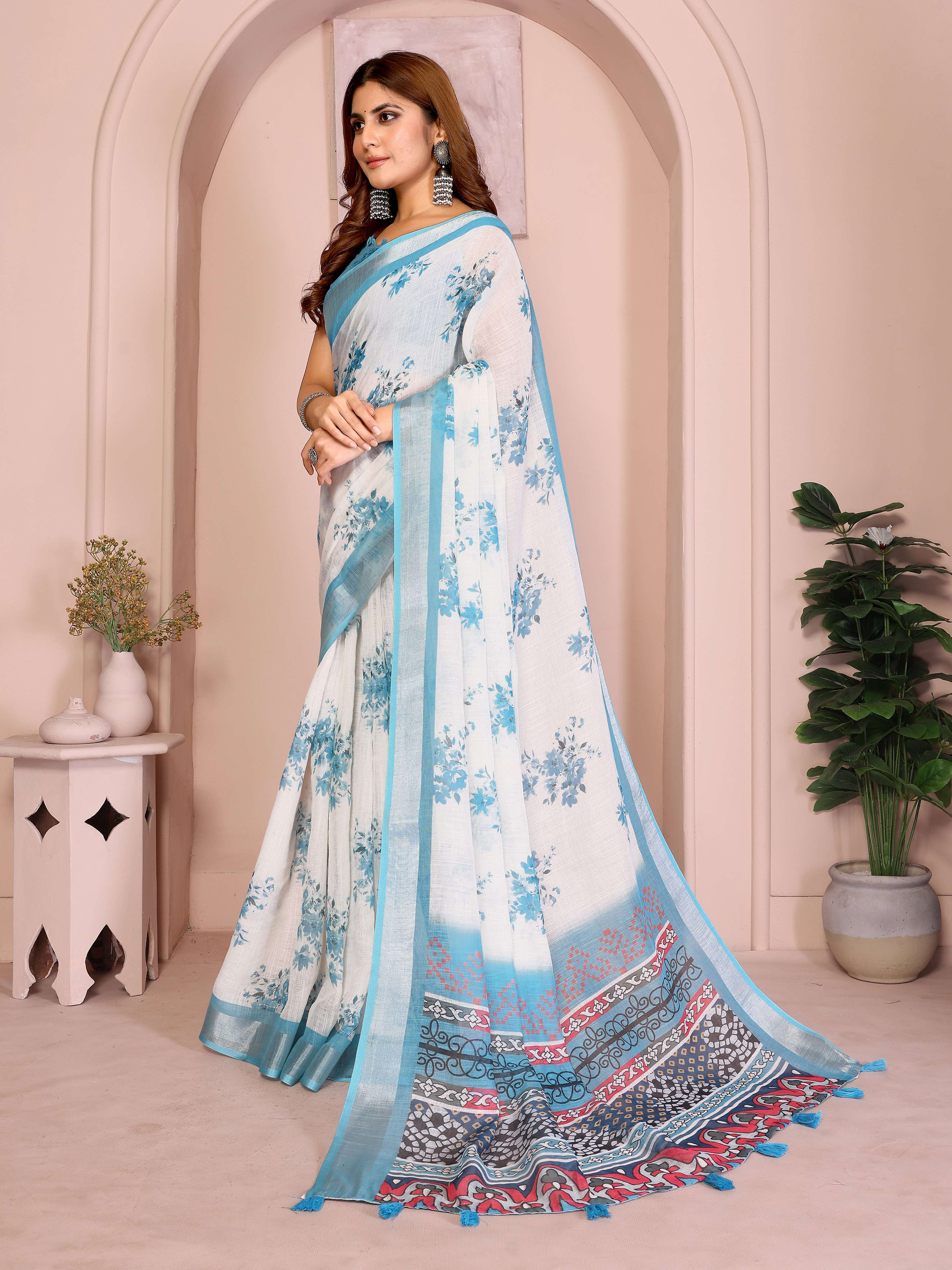 White & Sky Blue Linen Cotton Saree with Artistic Multicolor Pallu & Tassels