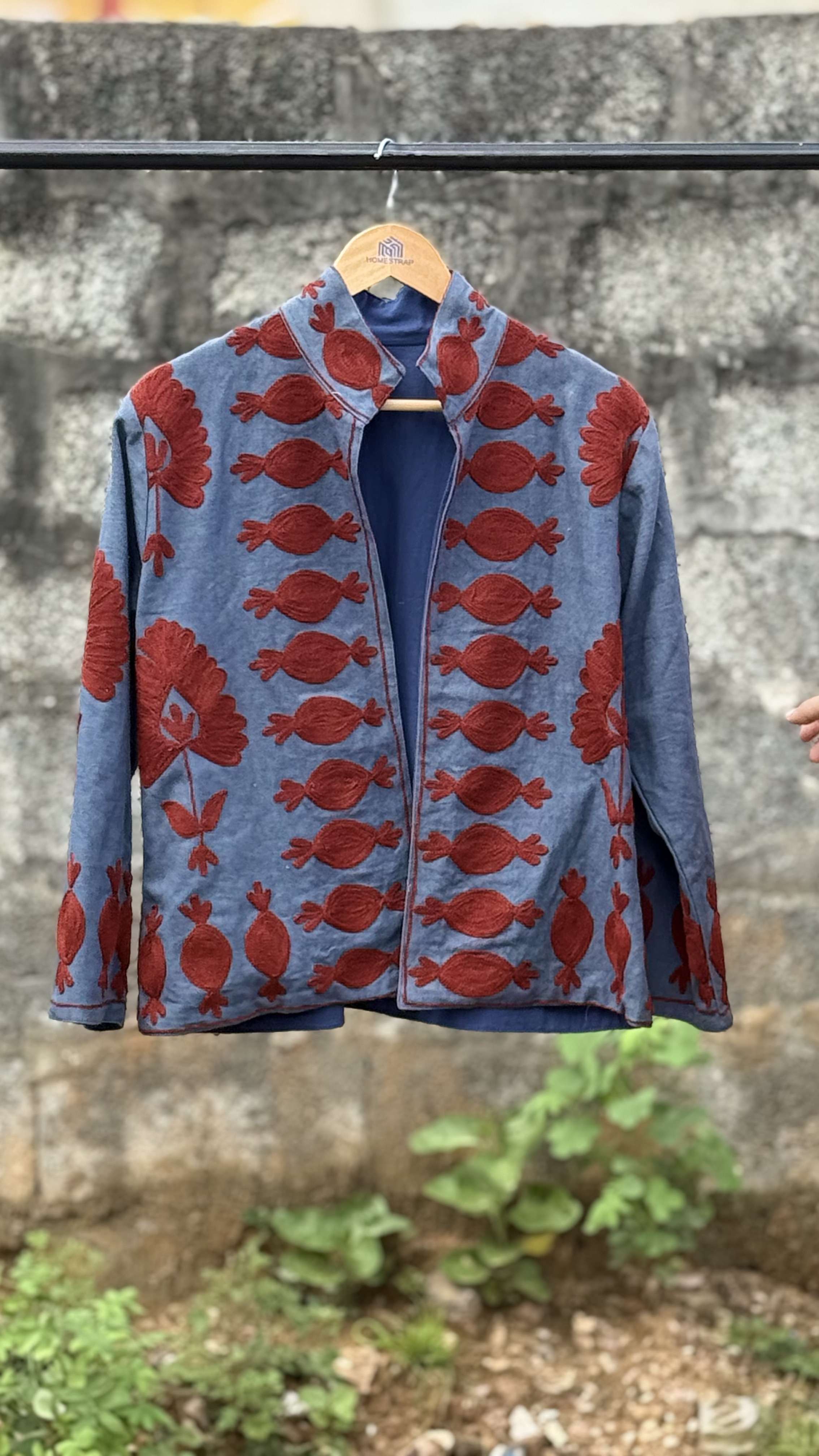 Womens Light Blue Velvet Embroidered Jacket with Floral Design