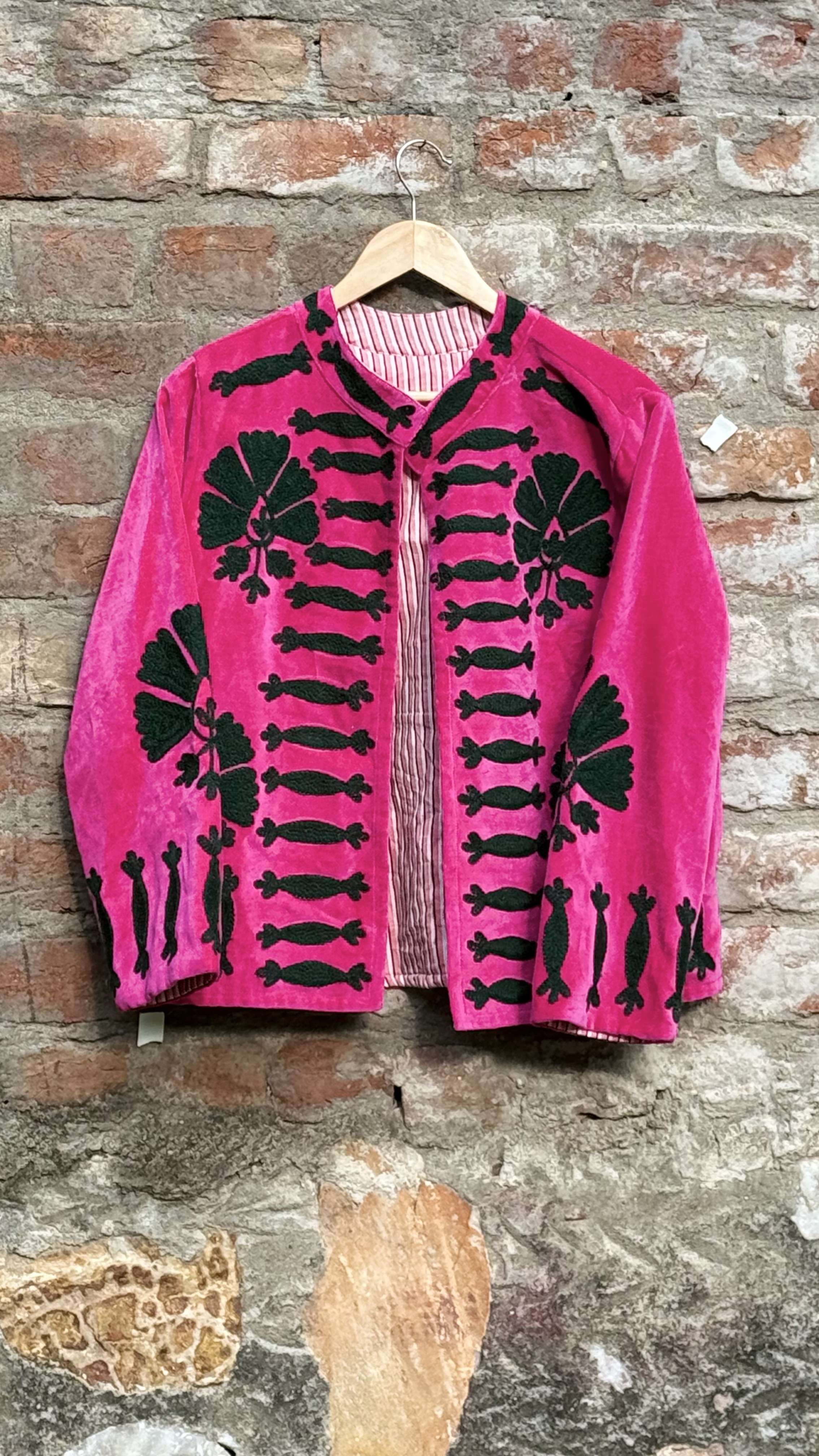 Womens Pink Velvet Embroidered Jacket with Floral Design