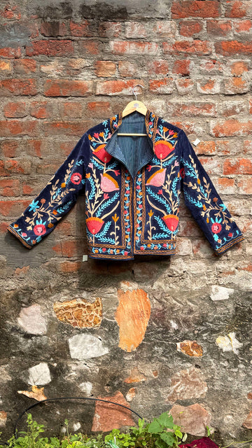 Womens Navy Blue Velvet Embroidered Jacket with Floral Design