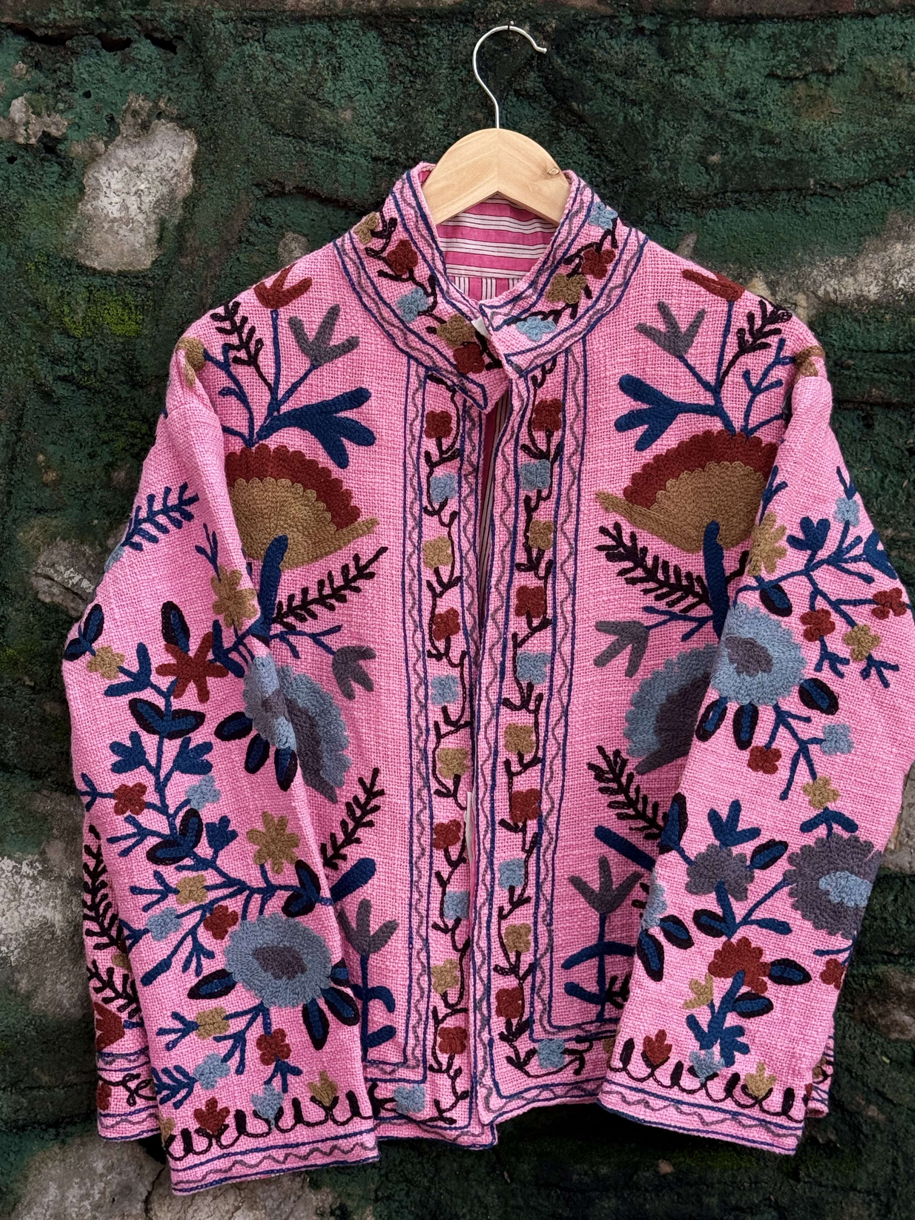 Womens Pink Velvet Embroidered Jacket with Floral Design
