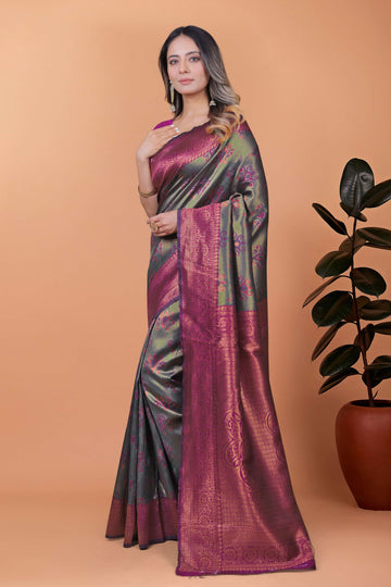 Royal Radiance Deep Olive Green & Magenta Banarasi Silk Saree with Zari Work | Wedding, Puja & Festive Occasion Wear