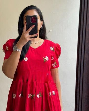 Women Red Cotton Embroidery Midi Dress