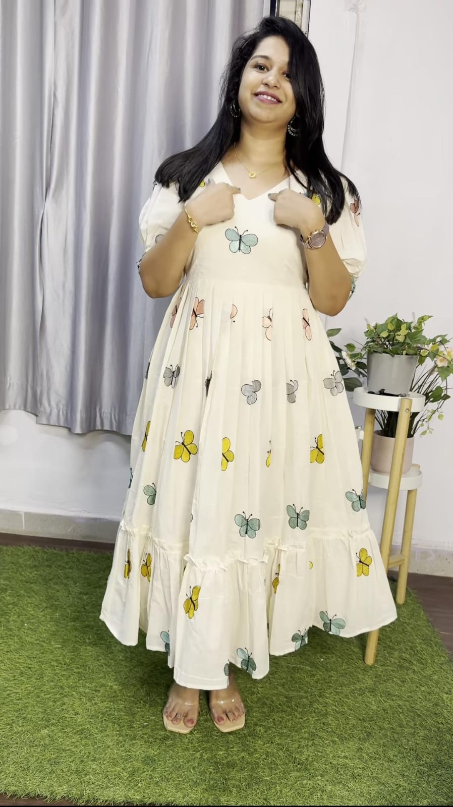 Women White Cotton Butterfly Embroidery Midi Dress