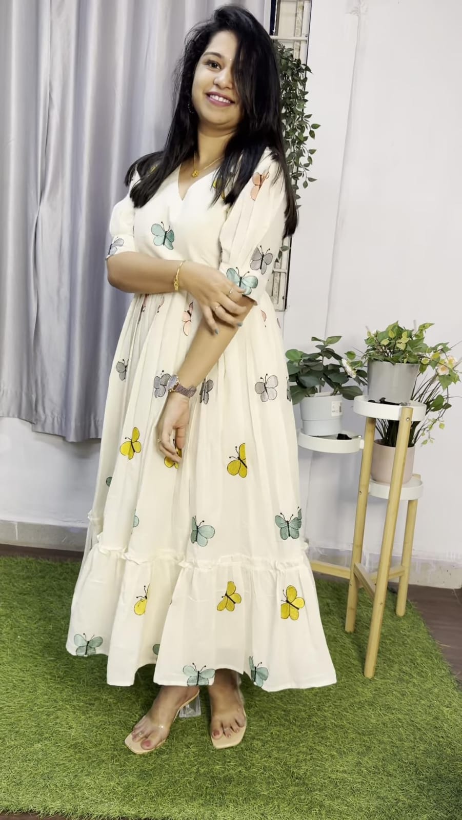Women White Cotton Butterfly Embroidery Midi Dress