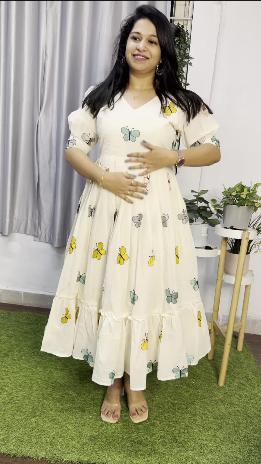 Women White Cotton Butterfly Embroidery Midi Dress