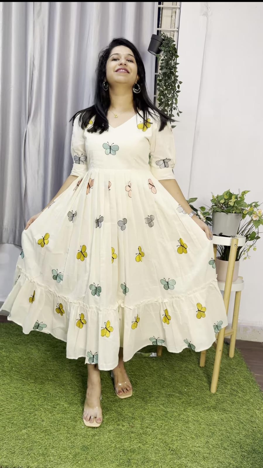 Women White Cotton Butterfly Embroidery Midi Dress