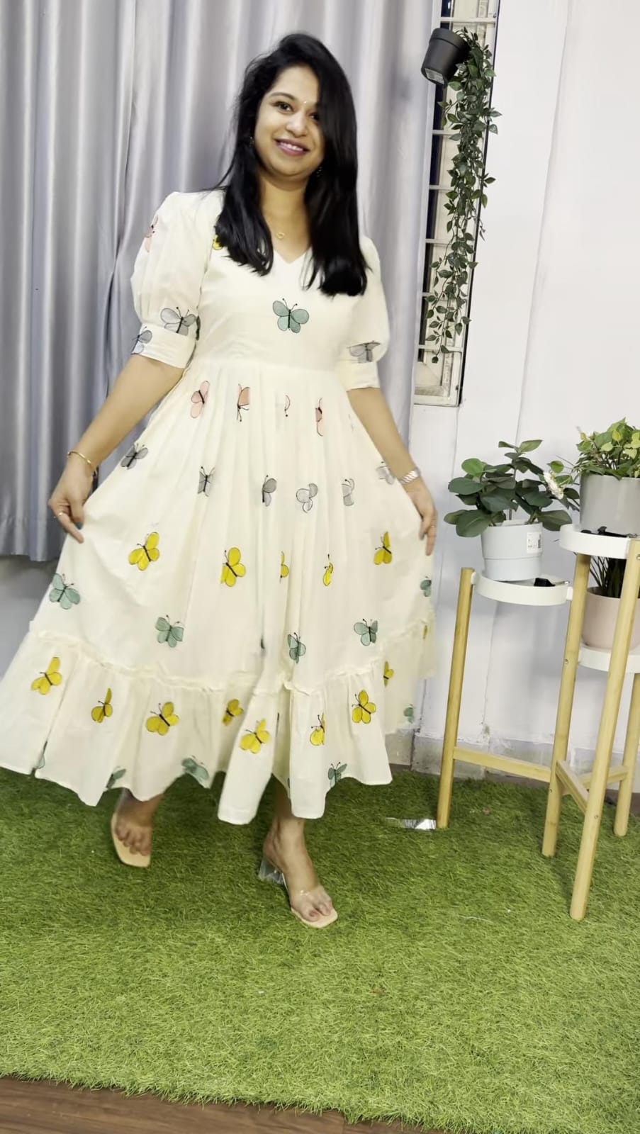 Women White Cotton Butterfly Embroidery Midi Dress