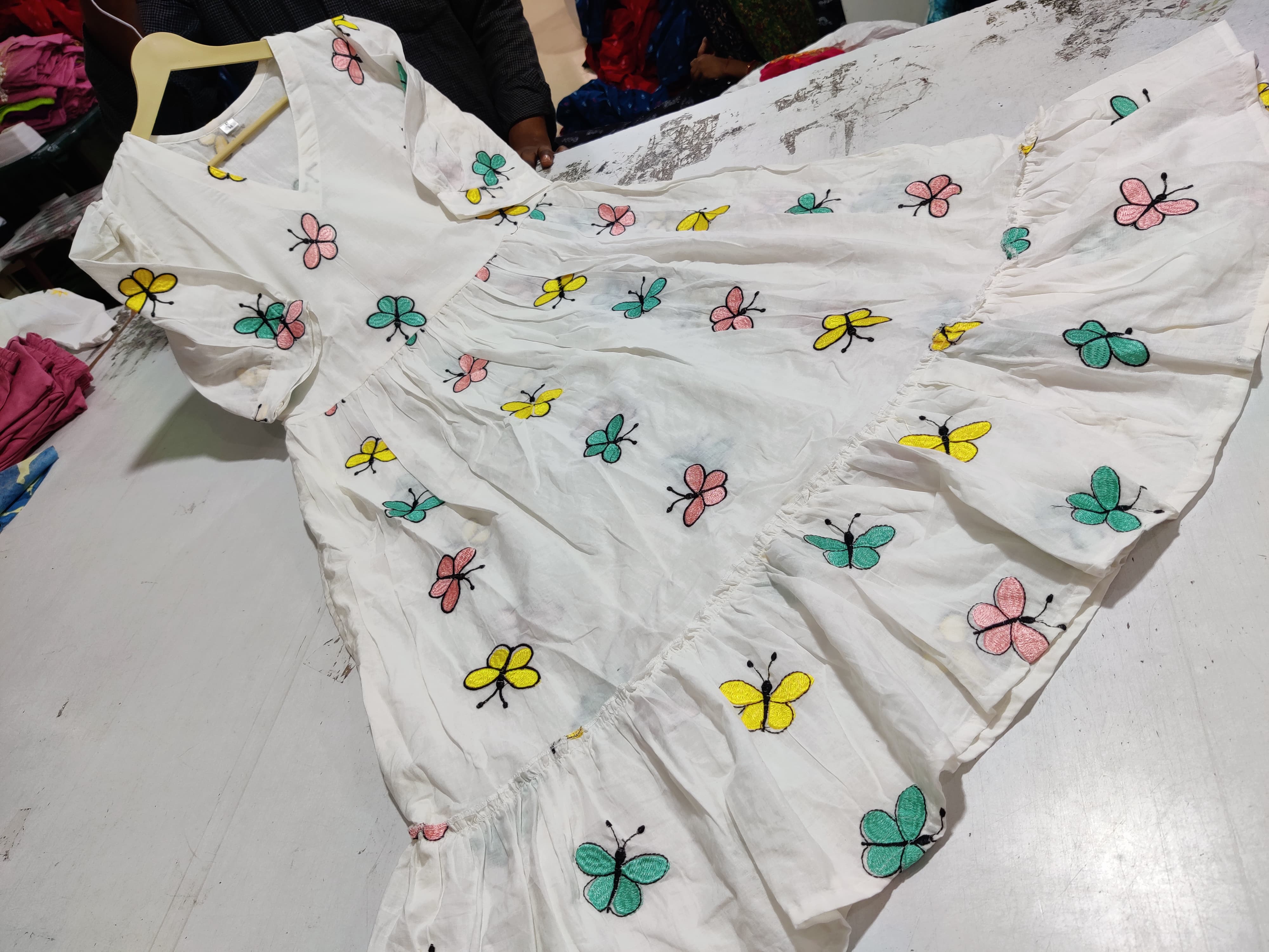 Women White Cotton Butterfly Embroidery Midi Dress