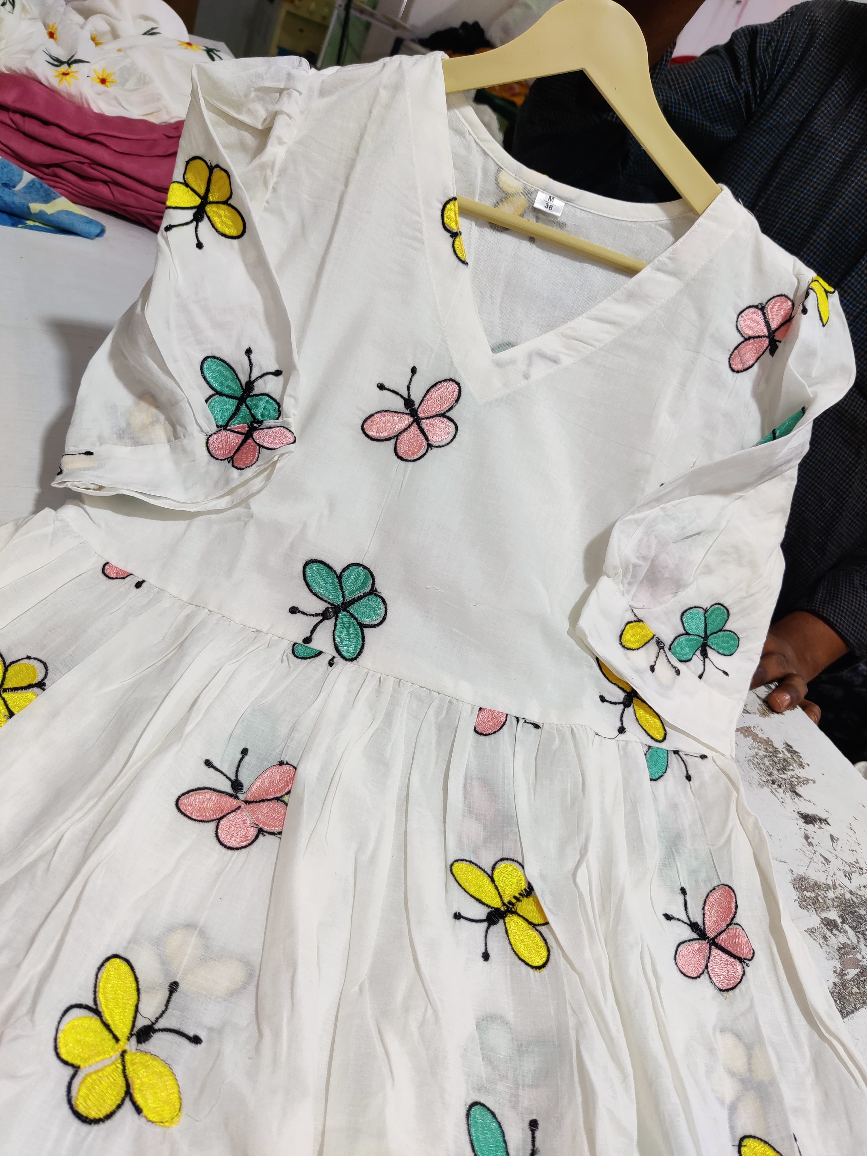 Women White Cotton Butterfly Embroidery Midi Dress