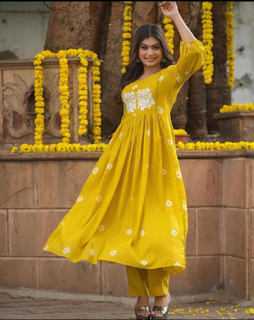 Bandhani Printed Thread Work Puffed Sleeves A-Line Kurta With Trousers