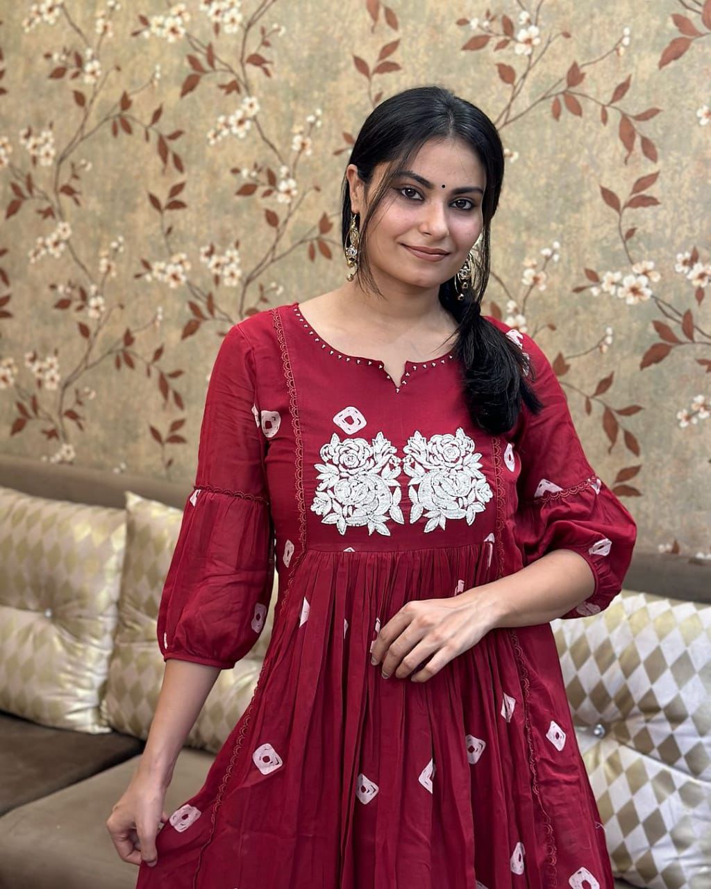 Bandhani Printed Thread Work Puffed Sleeves A-Line Kurta With Trousers