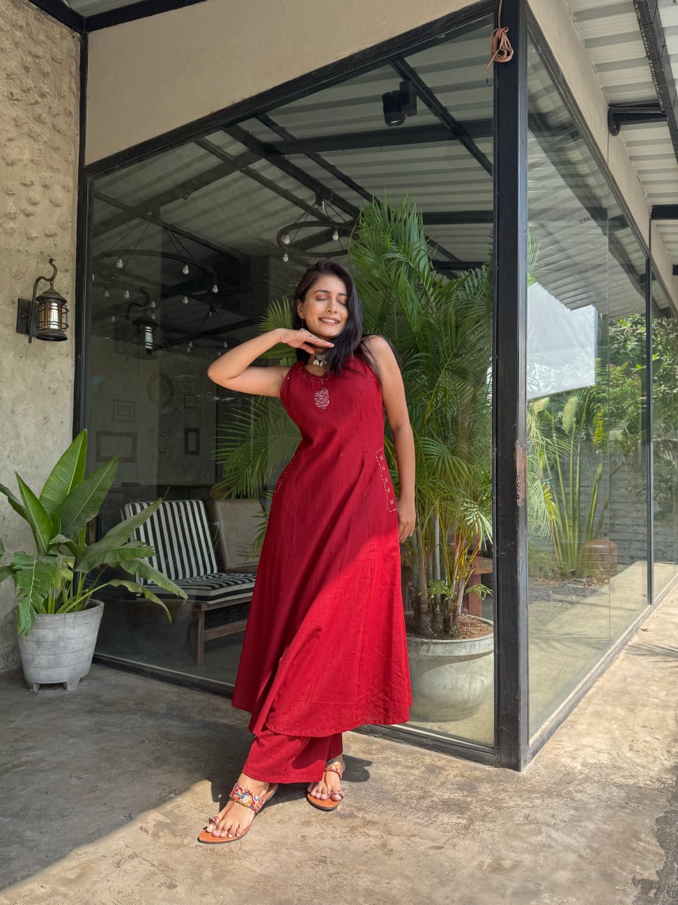 Red Cotton Embroidery  Co-Ord  Set