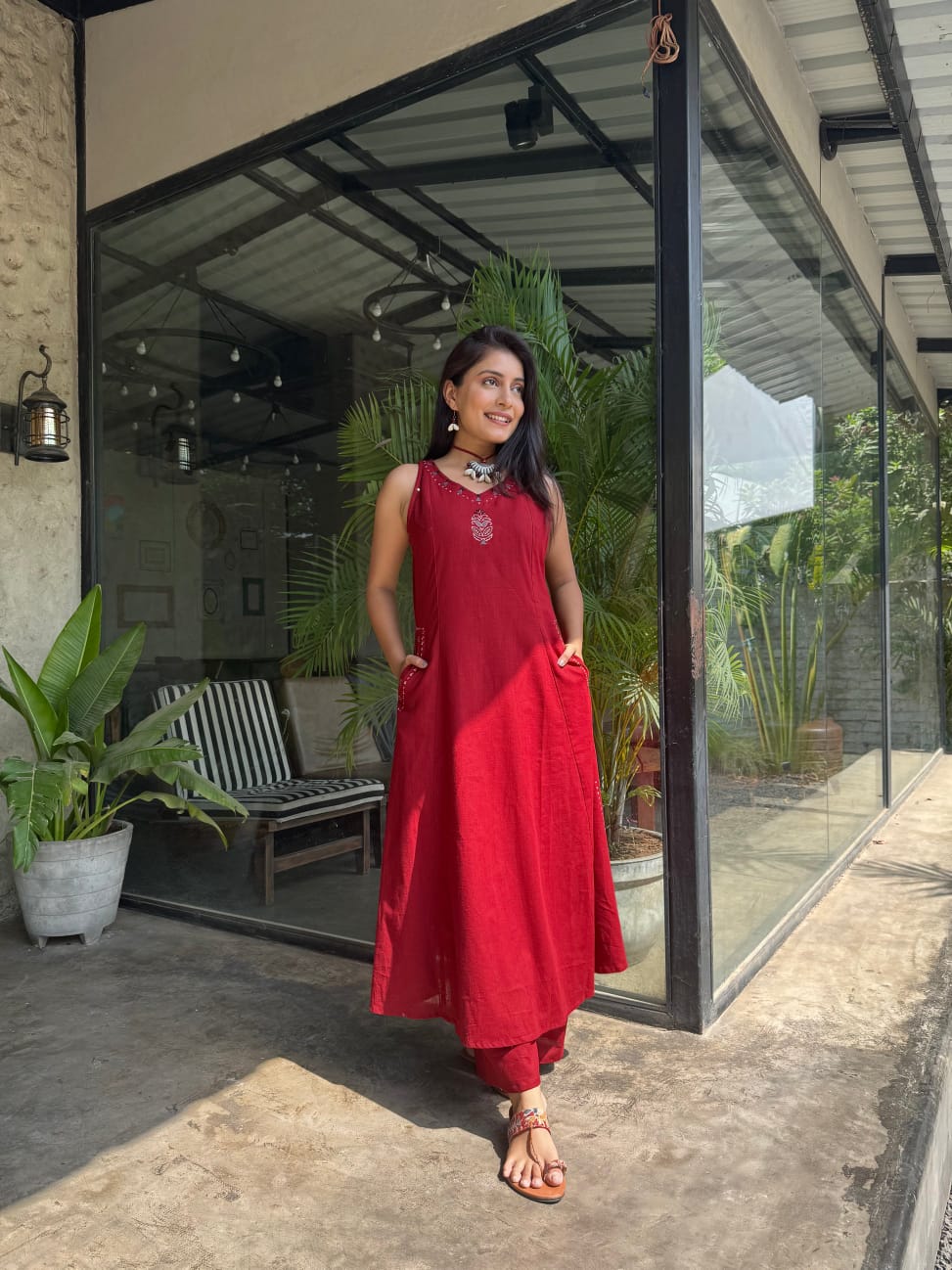 Red Cotton Embroidery  Co-Ord  Set