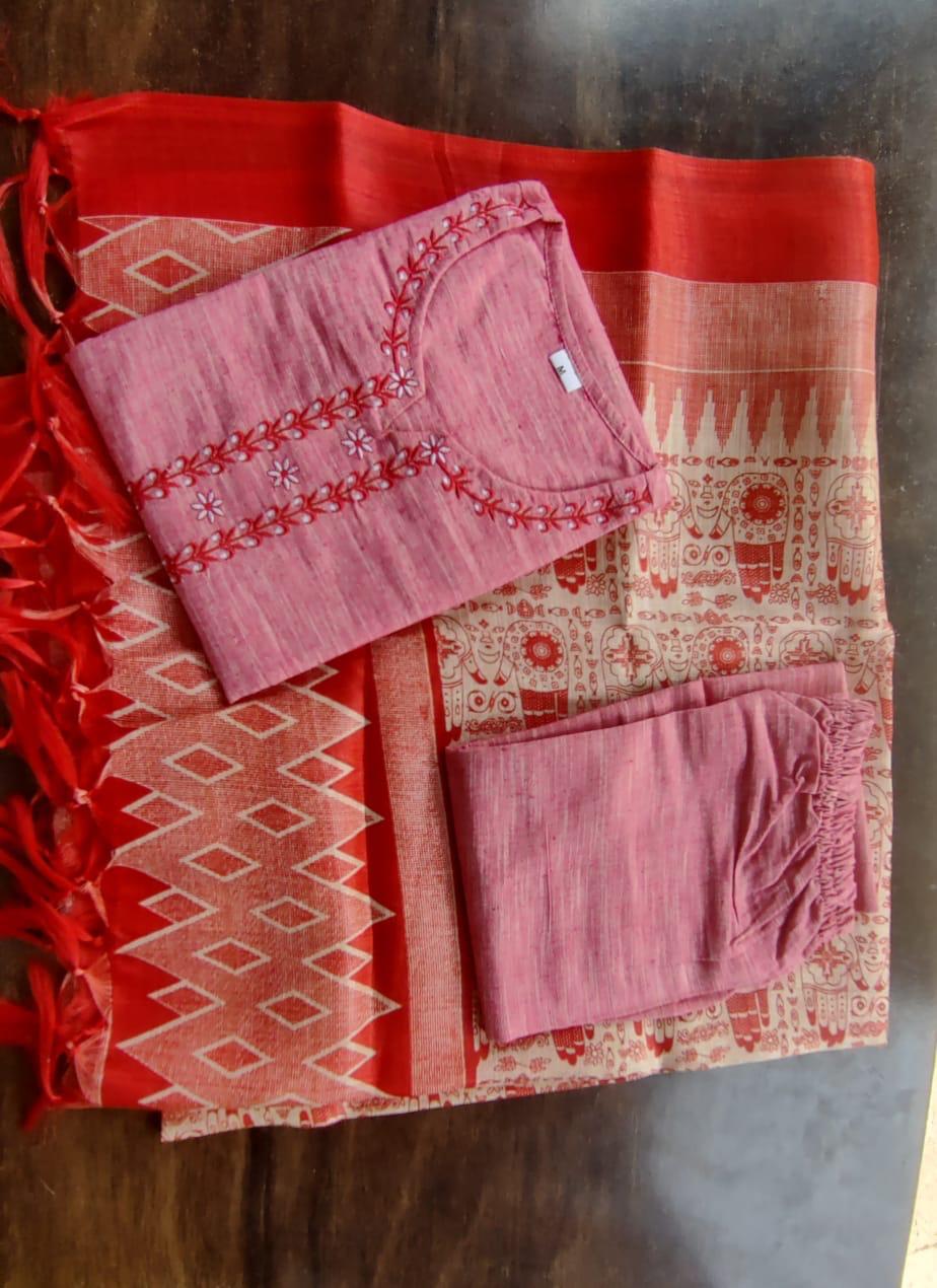 Pink Handloom Cotton Kurta Pant And Khadi Silk Floral Print Dupatta Set