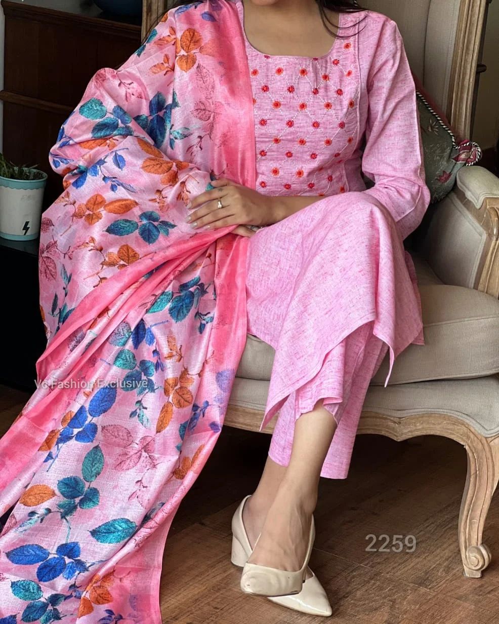 Pink Cotton Kurta Pant And Khadi Silk Floral Print Dupatta Set