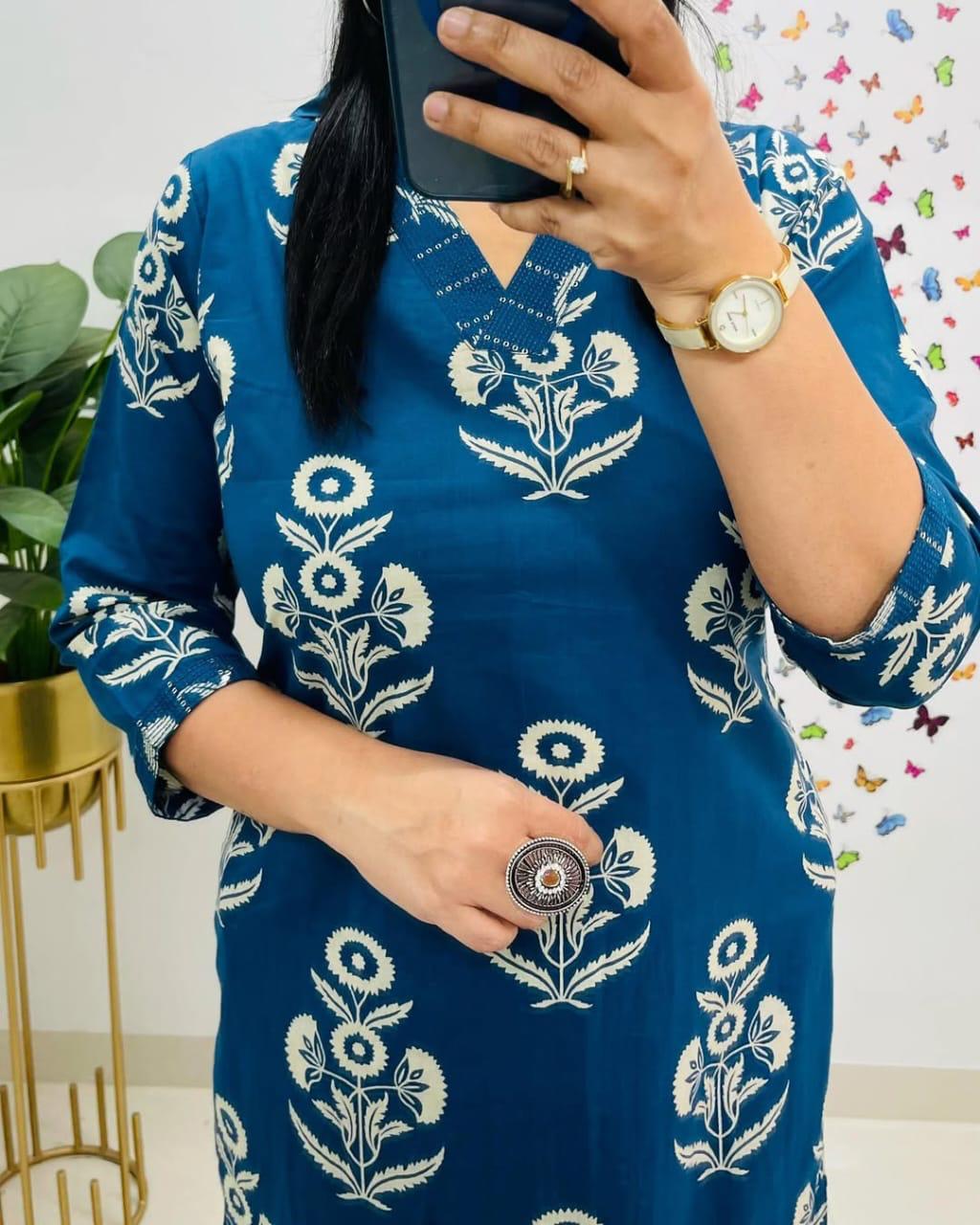 Royal Blue Floral Kurta Pant and Dupatta Set