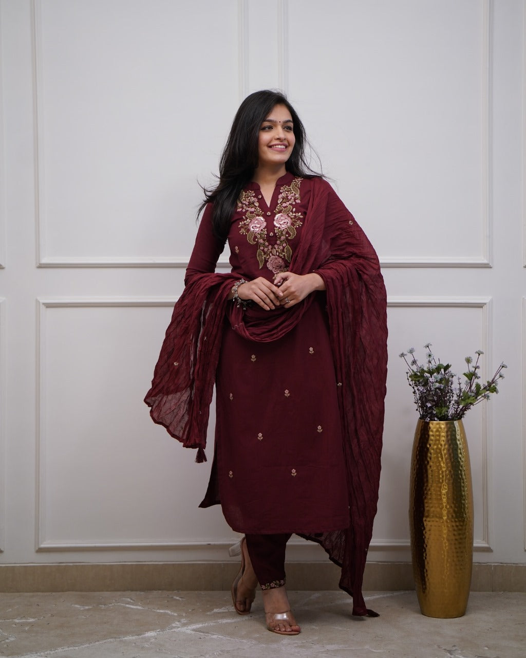 Women cotton embroidered kurta pant with dupatta sets