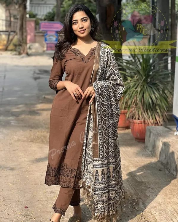 Brown cotton embroidered straight kurta pant with dupatta set