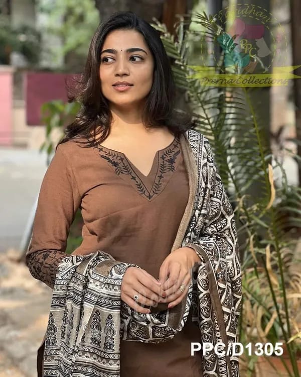 Brown cotton embroidered straight kurta pant with dupatta set