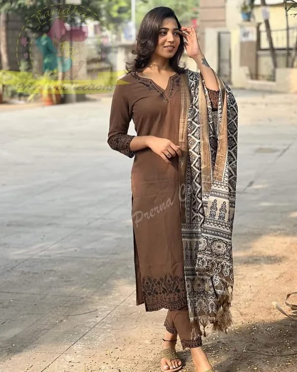 Brown cotton embroidered straight kurta pant with dupatta set