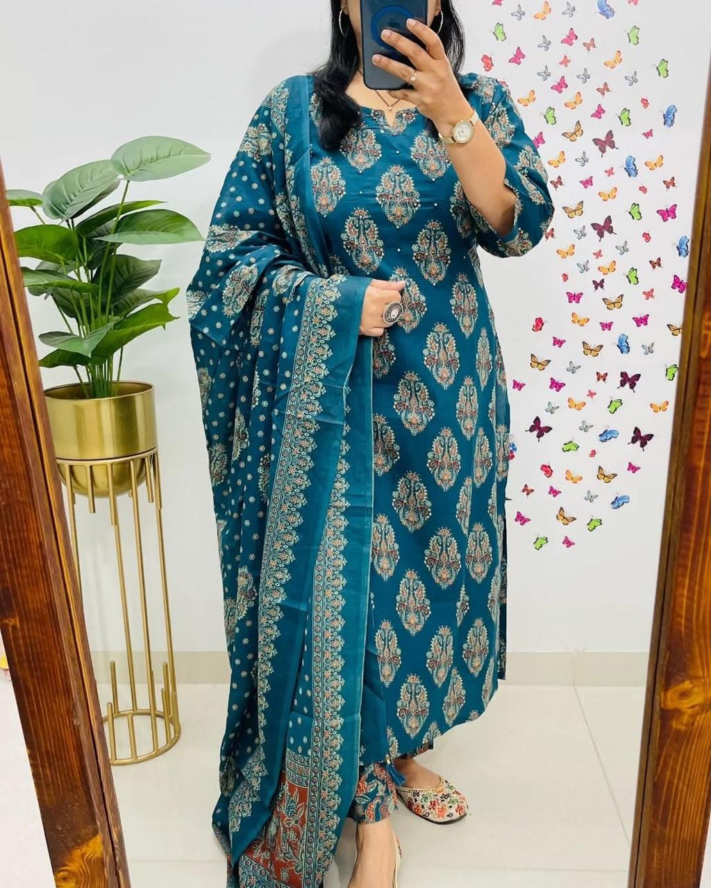 Cotton dupatta set, blue dupatta set, Noorahe 